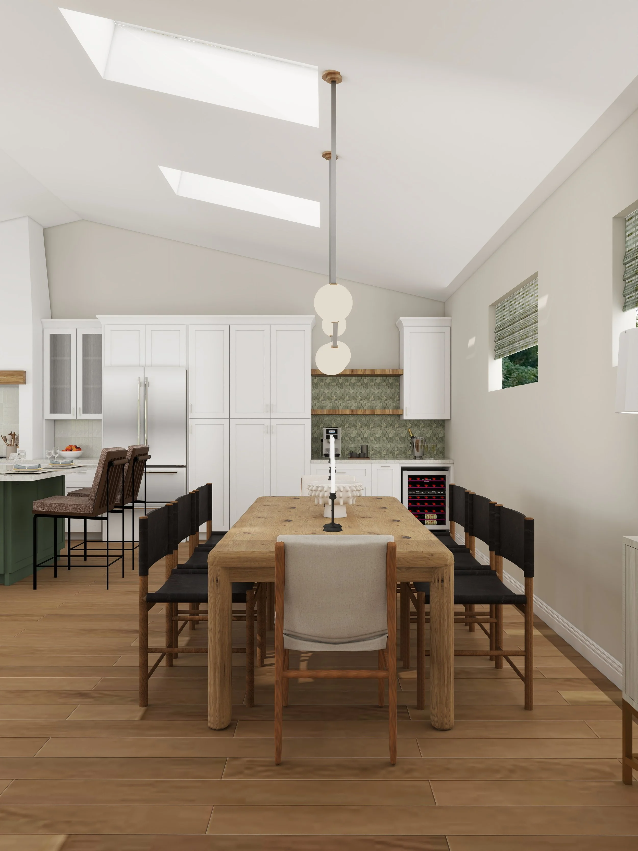 A modern dining room with a large wooden table, surrounded by a mix of wooden and upholstered chairs, and a pendant light fixture hanging above. The room has white walls, high ceiling with skylights, and windows with blinds.