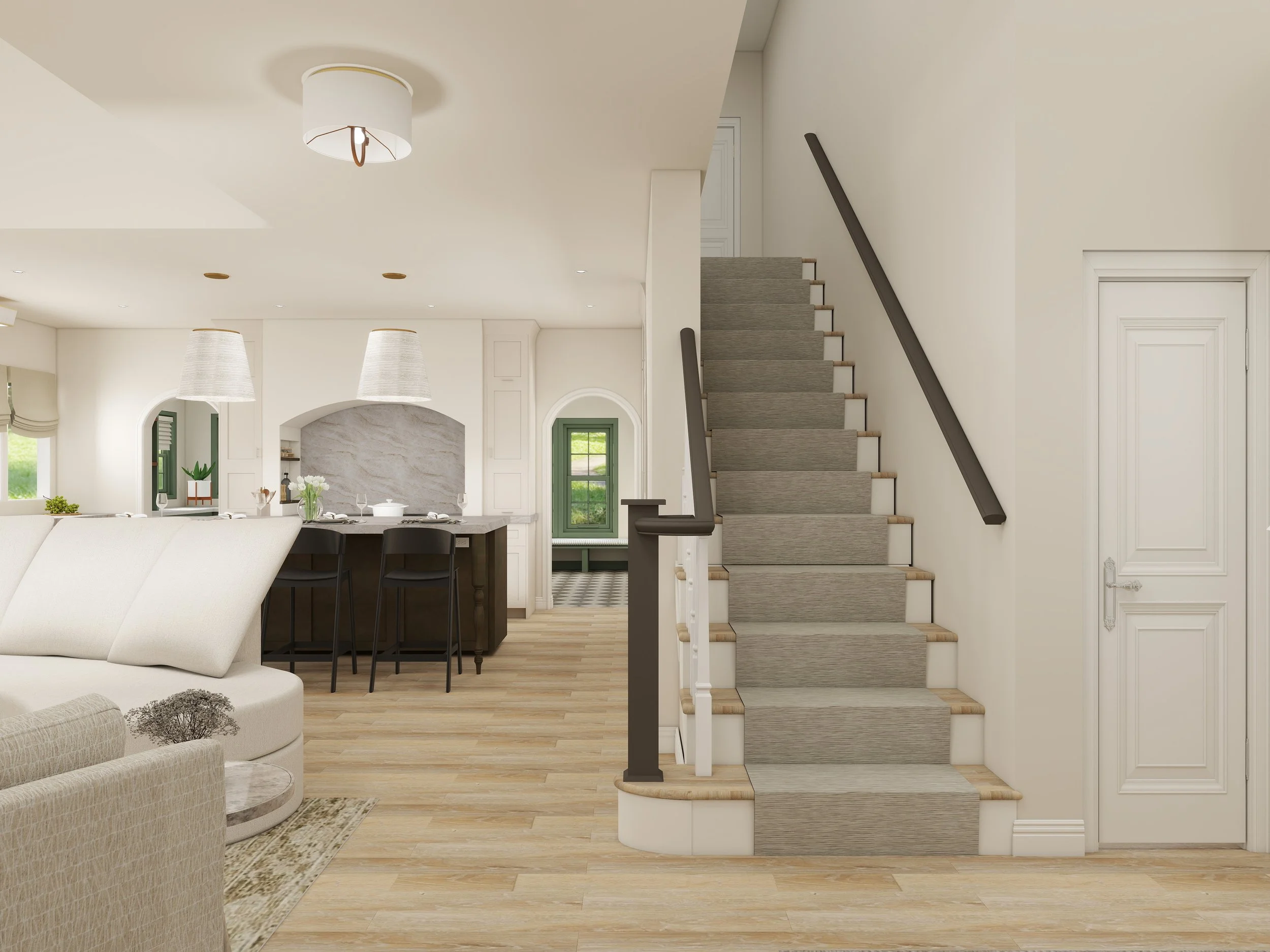 Interior view of a modern home, showing a staircase with gray carpet, a second-floor landing, and part of a living area with a beige sofa, dining table, and chairs, with large windows and white walls.