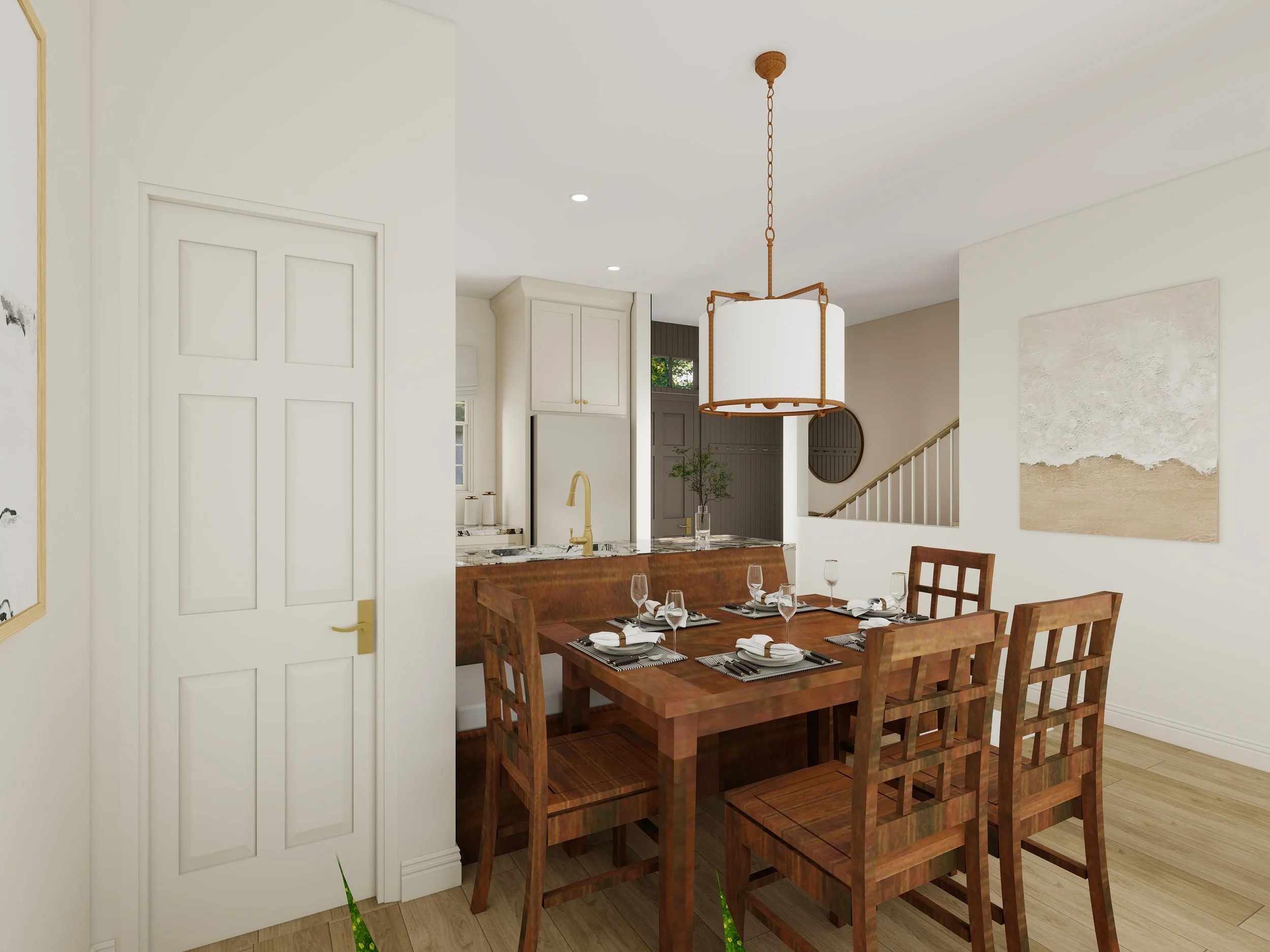 View of a dining area with a wooden table set for a meal, surrounded by matching wooden chairs, in a bright room with white walls, a modern chandelier hanging from the ceiling, and art on the wall.