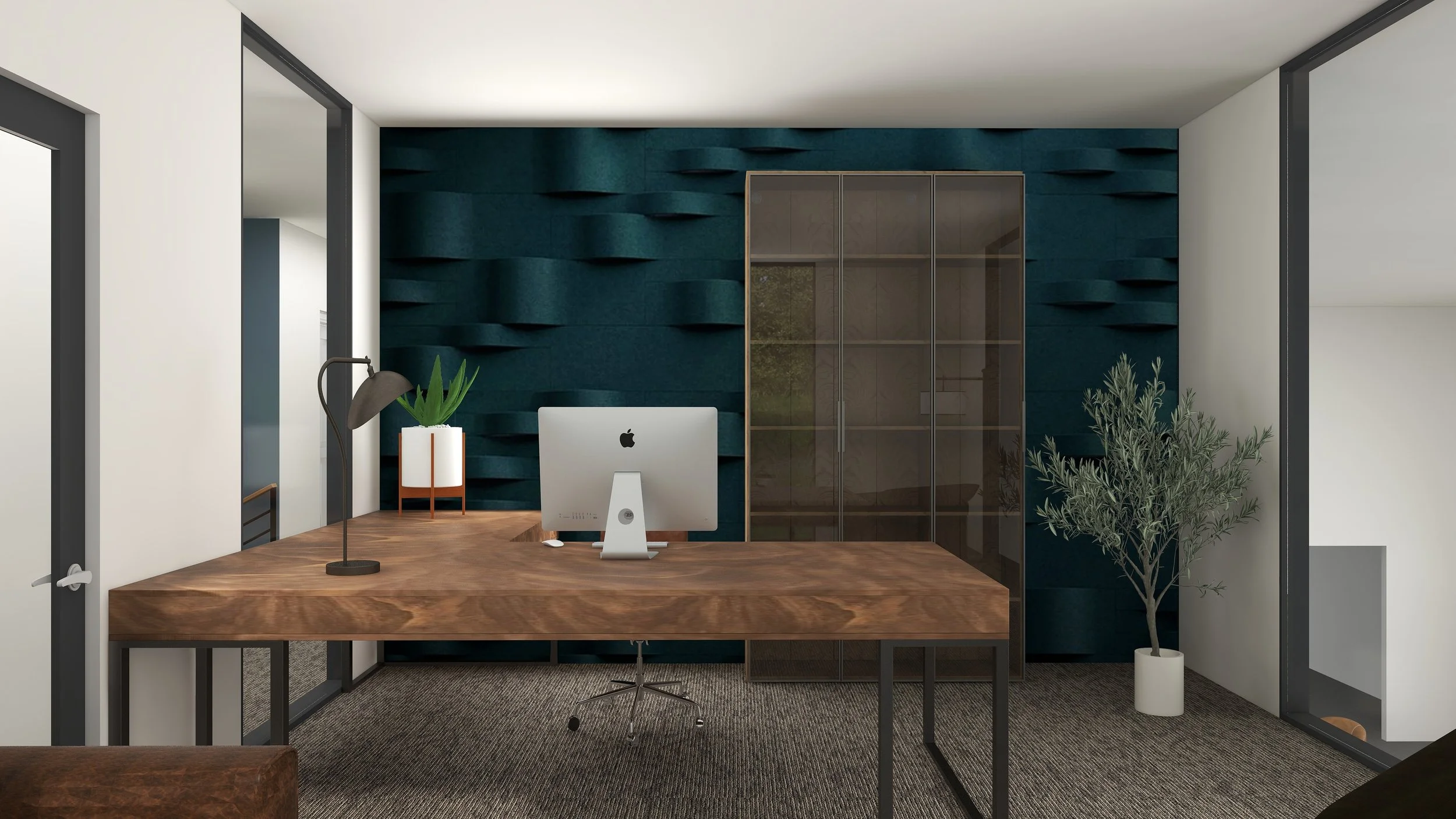 Modern office with white walls, a dark blue textured accent wall, and a wooden desk. The desk has an Apple iMac, a black desk lamp, and a potted plant. Behind the desk is a tall glass cabinet, and there's a large potted plant to the right. The room i