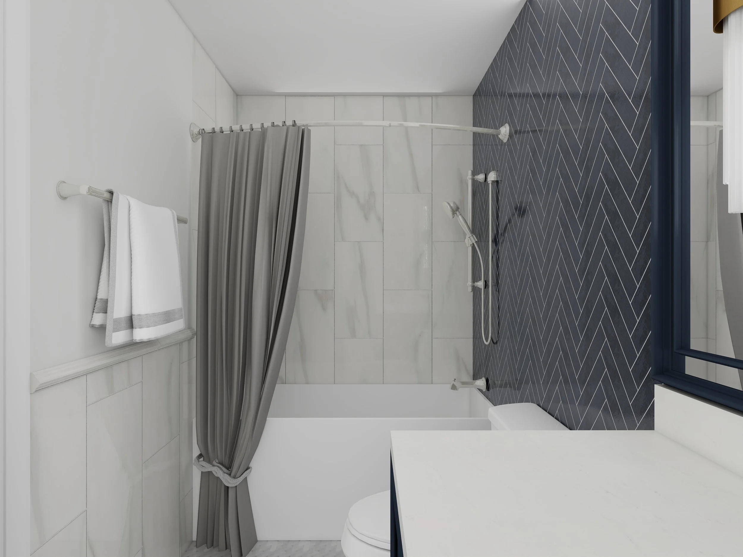 Modern bathroom with white walls, marble tiles, a shower with a gray curtain, and dark blue herringbone-patterned floor