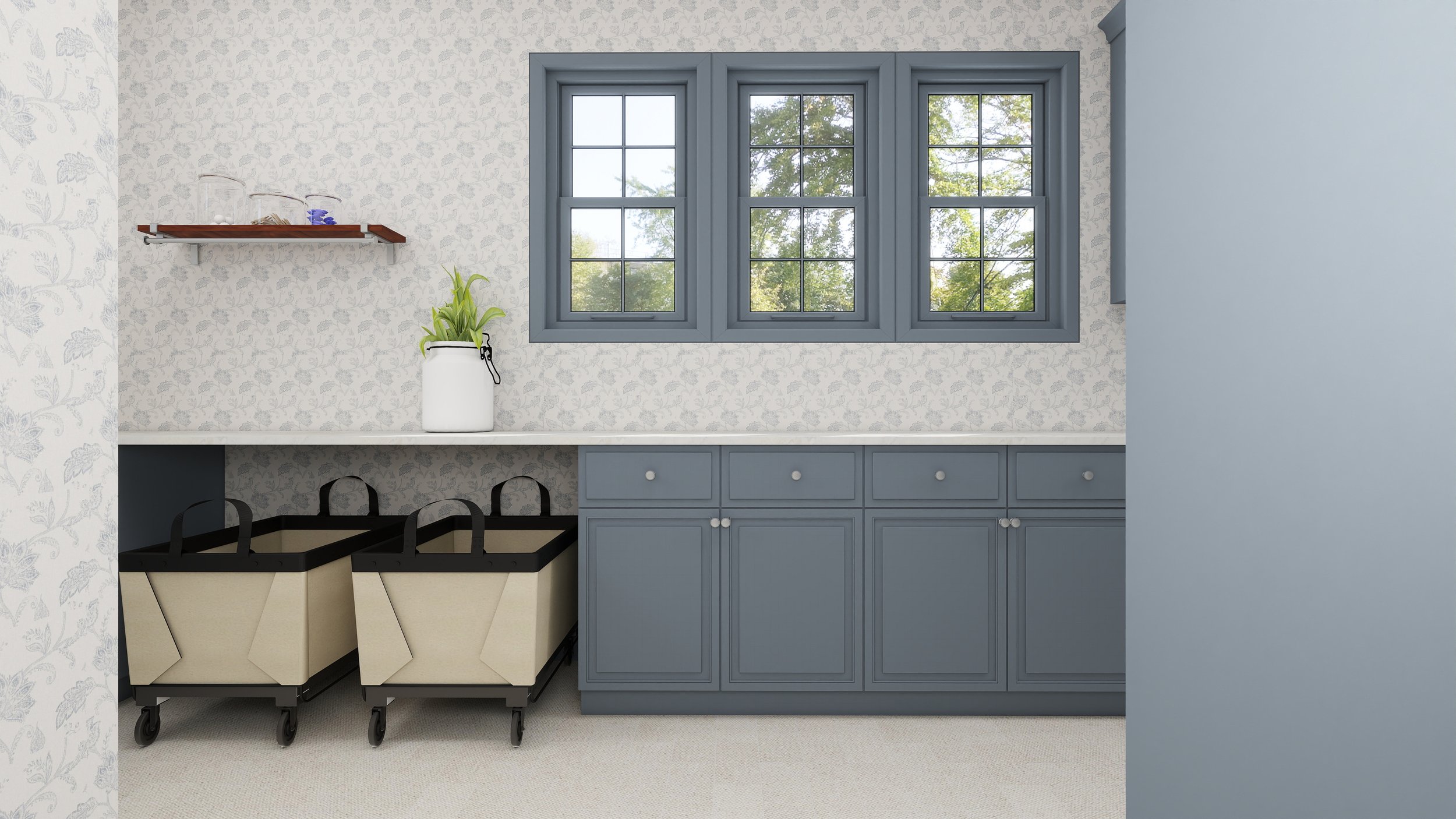 A room with three blue-framed windows, a white vase with green plants on a blue cabinet, a wooden shelf with glass jars, and storage bins.