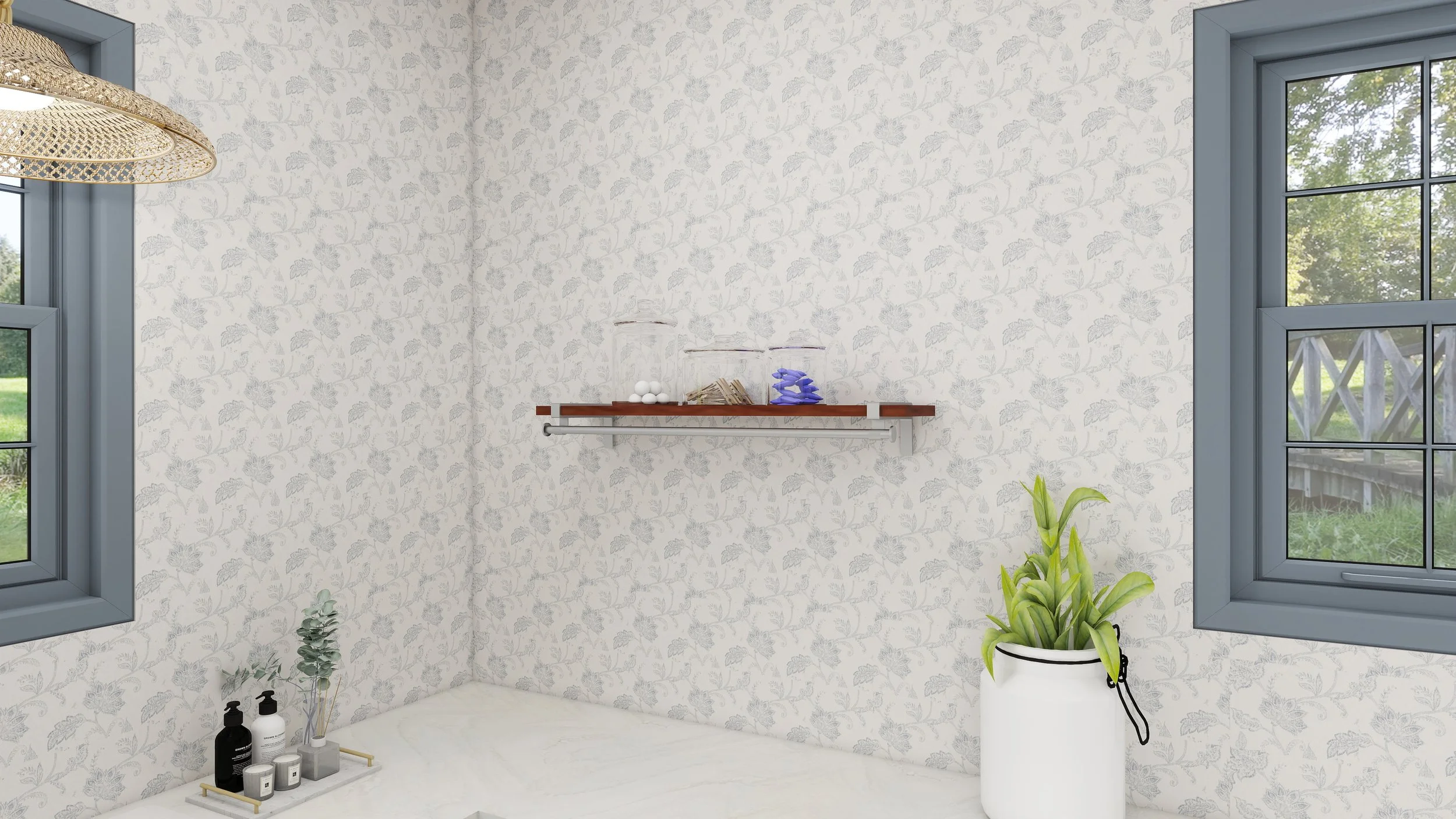 Interior of a room with two gray-framed windows, a white wallpaper with gray floral pattern, a small wooden shelf with decorative objects, and a potted plant with green leaves.