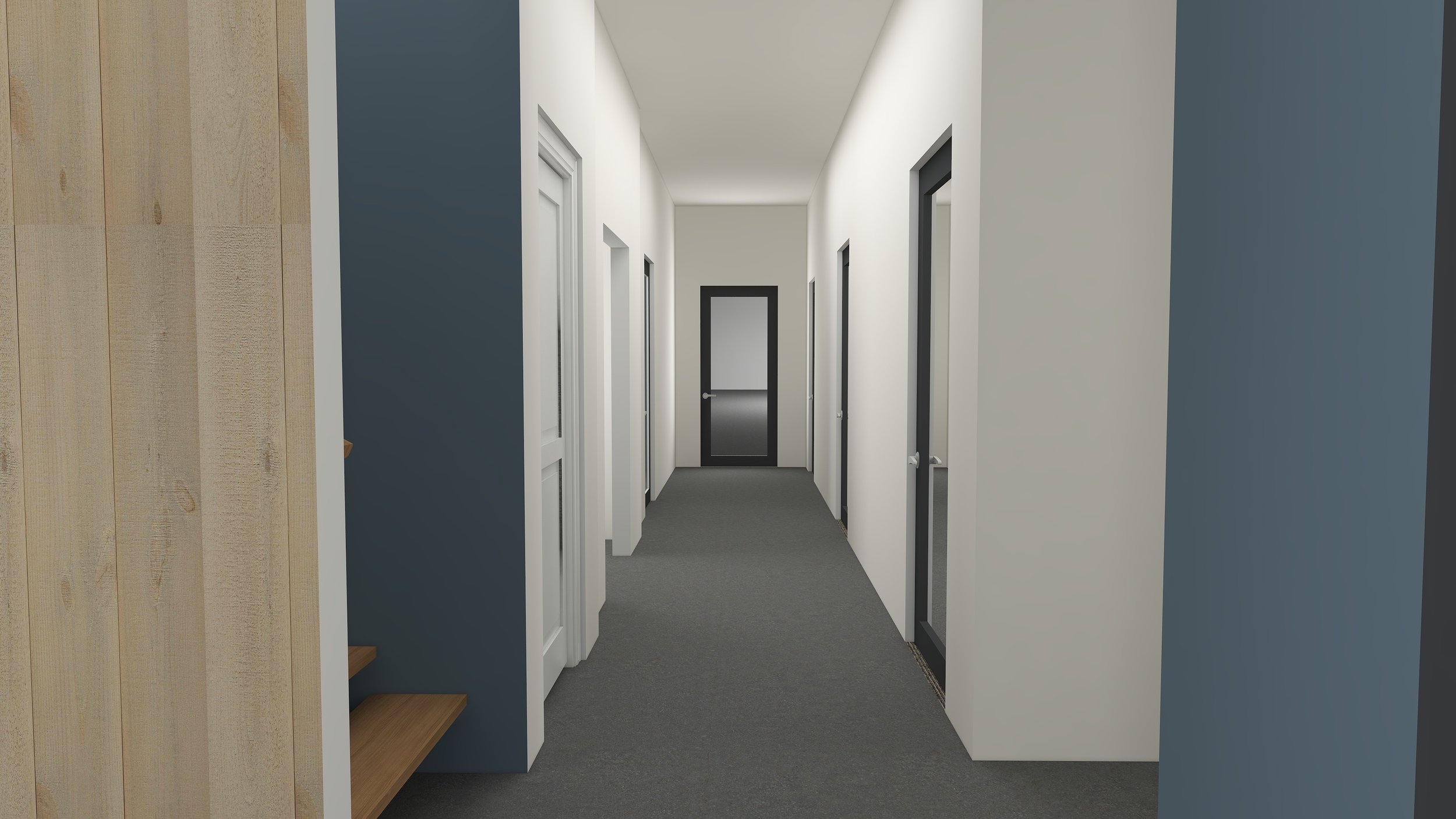 Interior hallway with white walls, gray doors, and gray carpet, leading to a door with a black frame at the end.