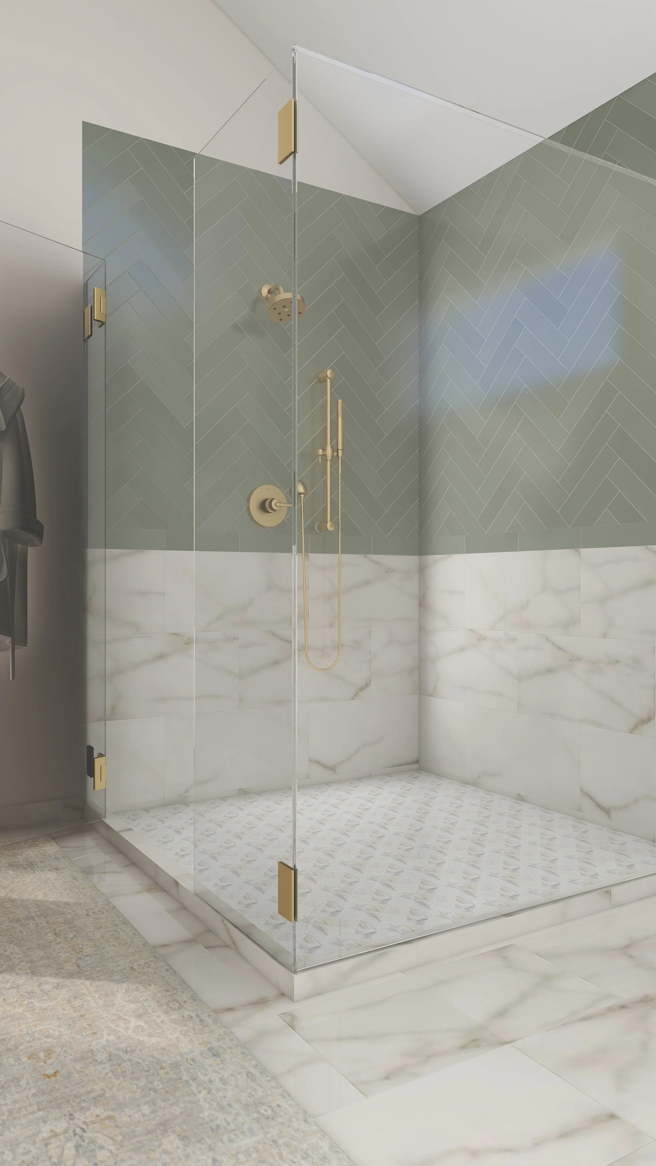 Modern walk-in shower with glass enclosure, marble and green tiles, and brass fixtures in a stylish bathroom.