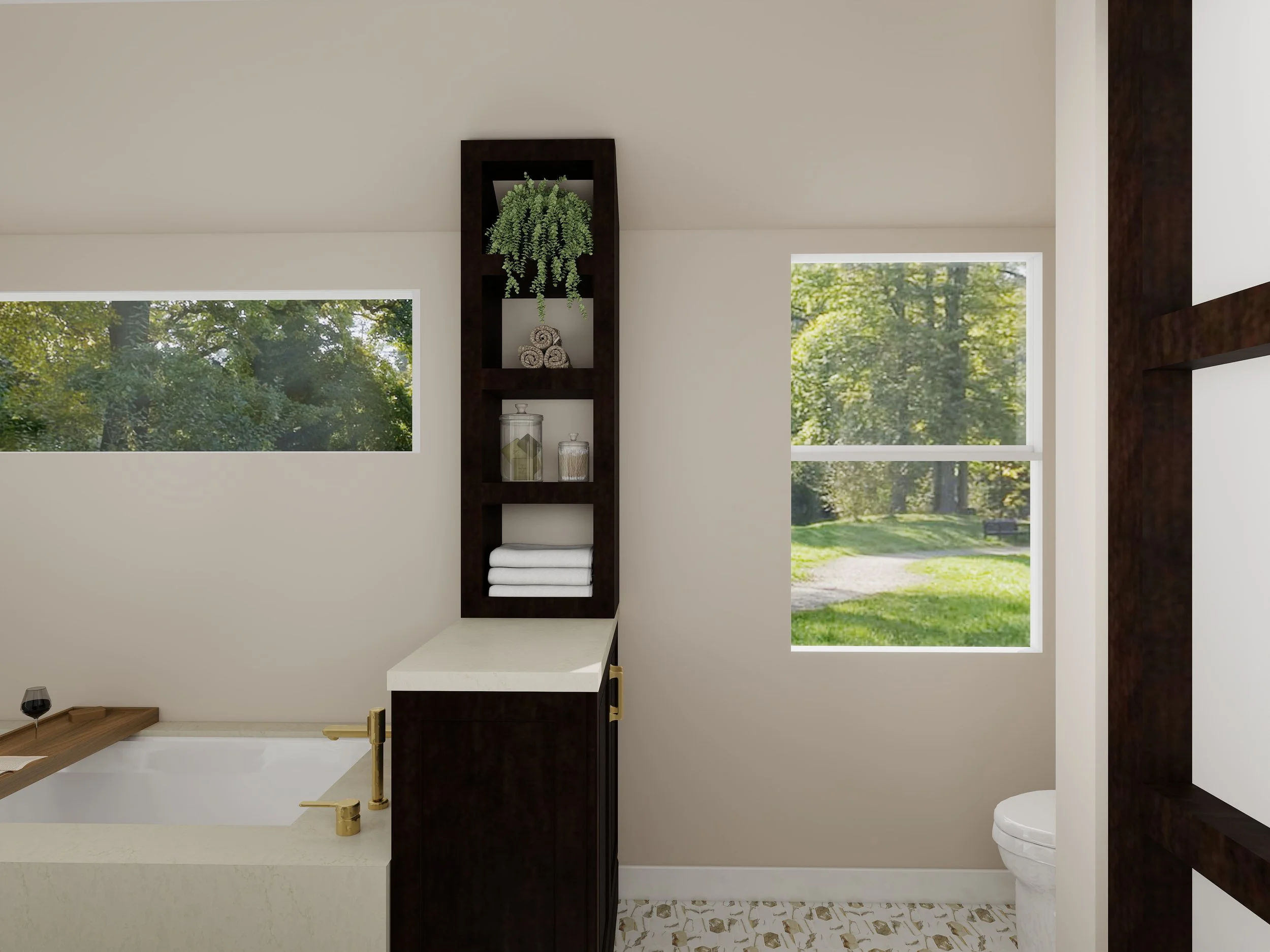 Interior of a room with beige walls and large windows showing green trees outside, a dark wood shelving unit decorated with plants, stones, and towels, a white countertop, and a partial view of a toilet.