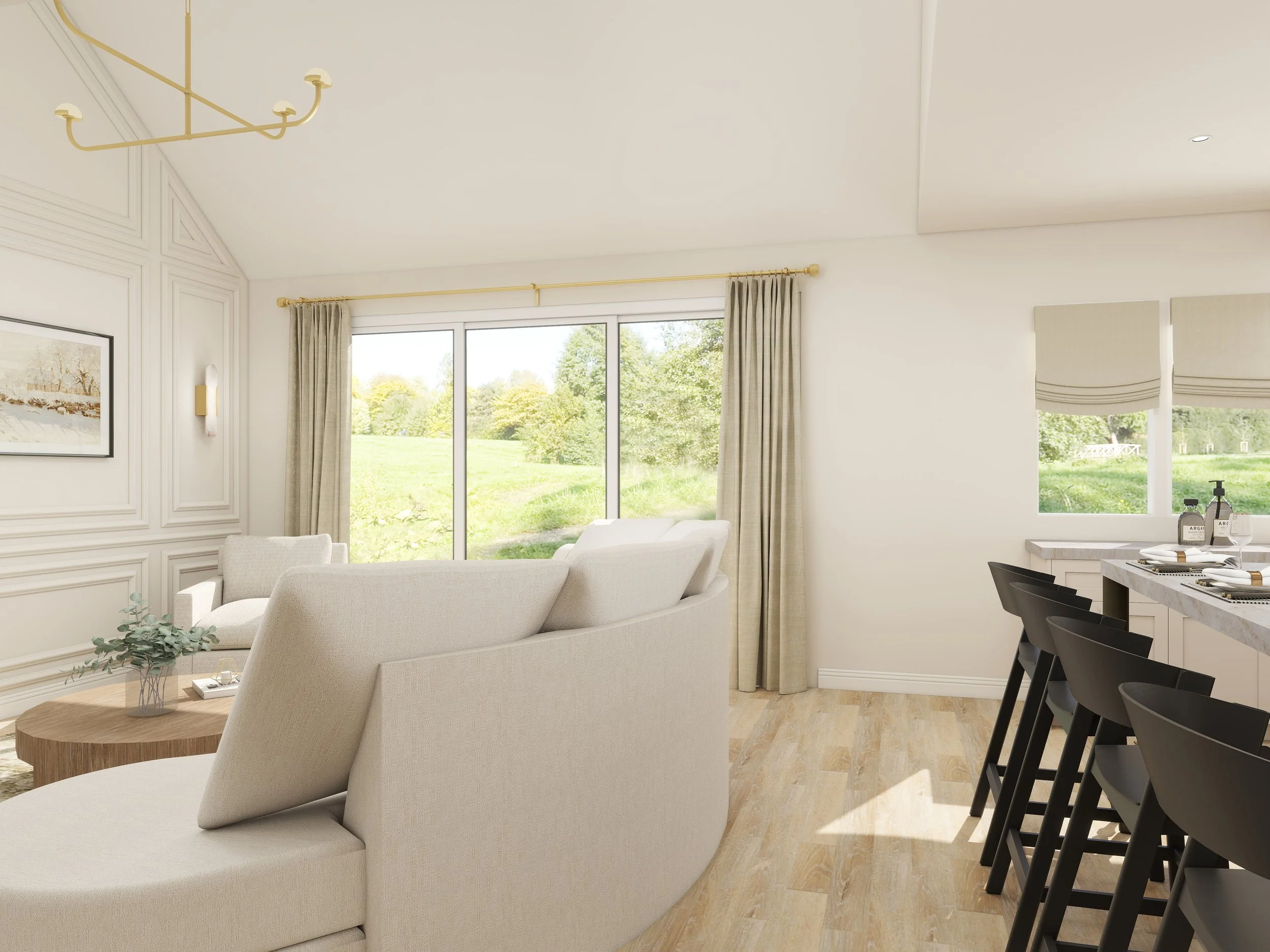 Living room with large window showing greenery outside, beige sofa, artwork on wall, dining table with black chairs, pendant lights, and beige curtains.