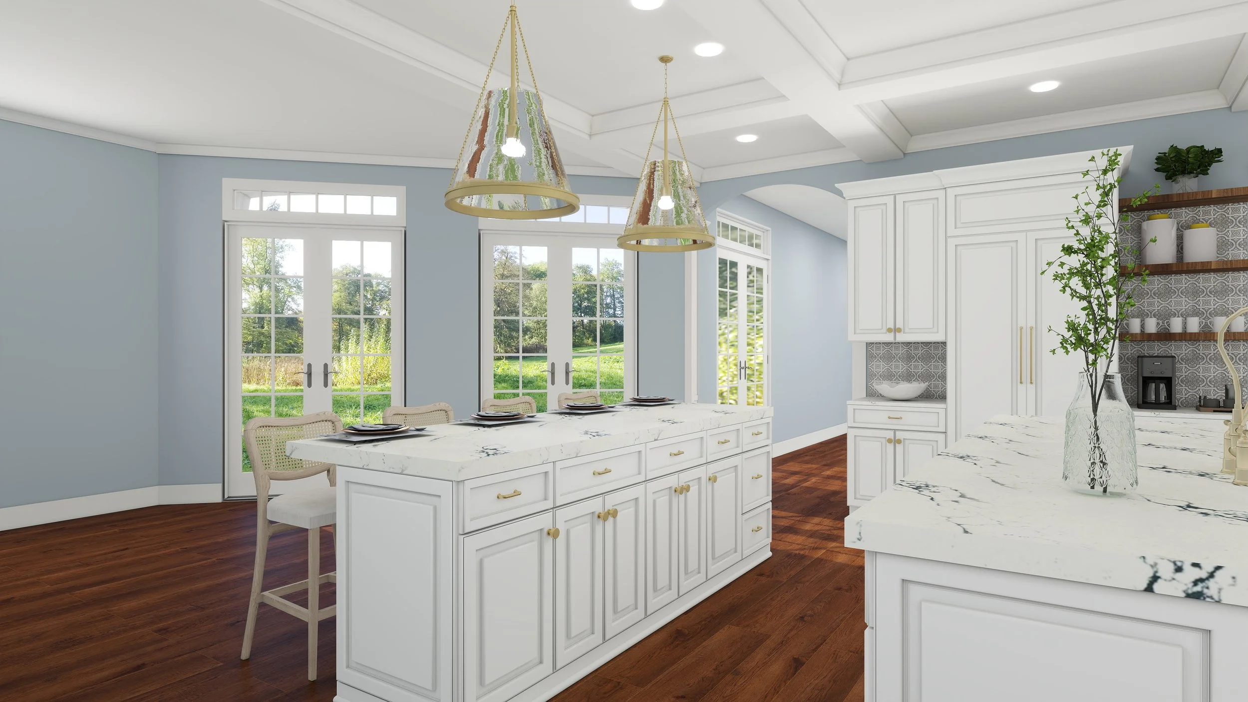 Bright kitchen with white cabinets, marble countertops, and large windows overlooking a green yard.