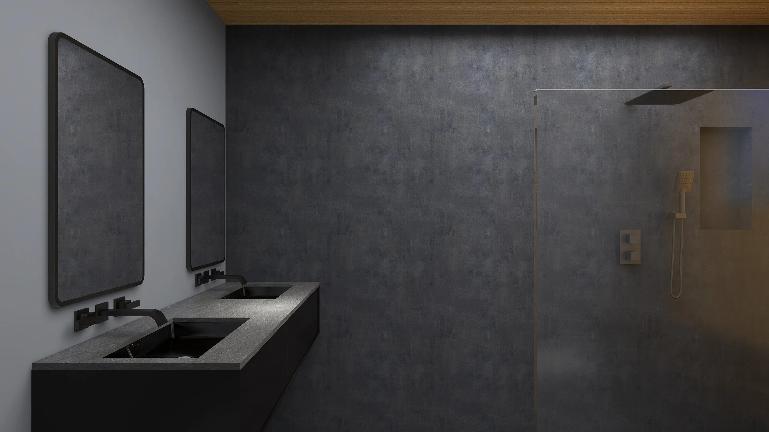 Modern bathroom with dual black sinks, gray countertop, two mirrors, a wall-mounted showerhead, and a textured gray wall.