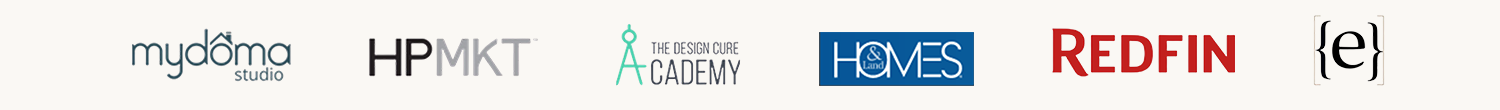 Logos of various design and home improvement brands, including MyDoma Studio, HP MKT, The Design Cure Academy, H&H Homes, Redfin, and a black curly brace with a lowercase 'e'.
