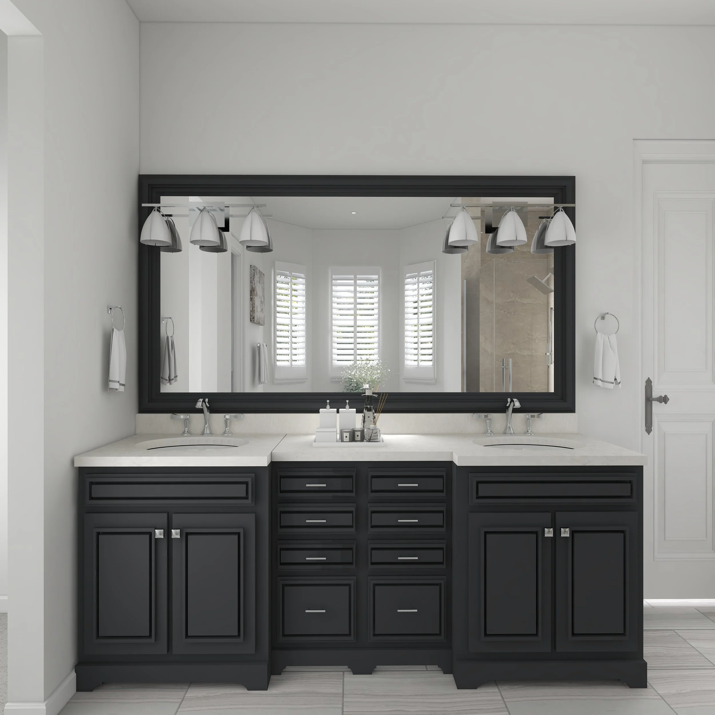 A black bathroom vanity with multiple drawers beneath a large mirror with a black frame, mounted on a white wall. Six modern pendant lights hang above the vanity.
