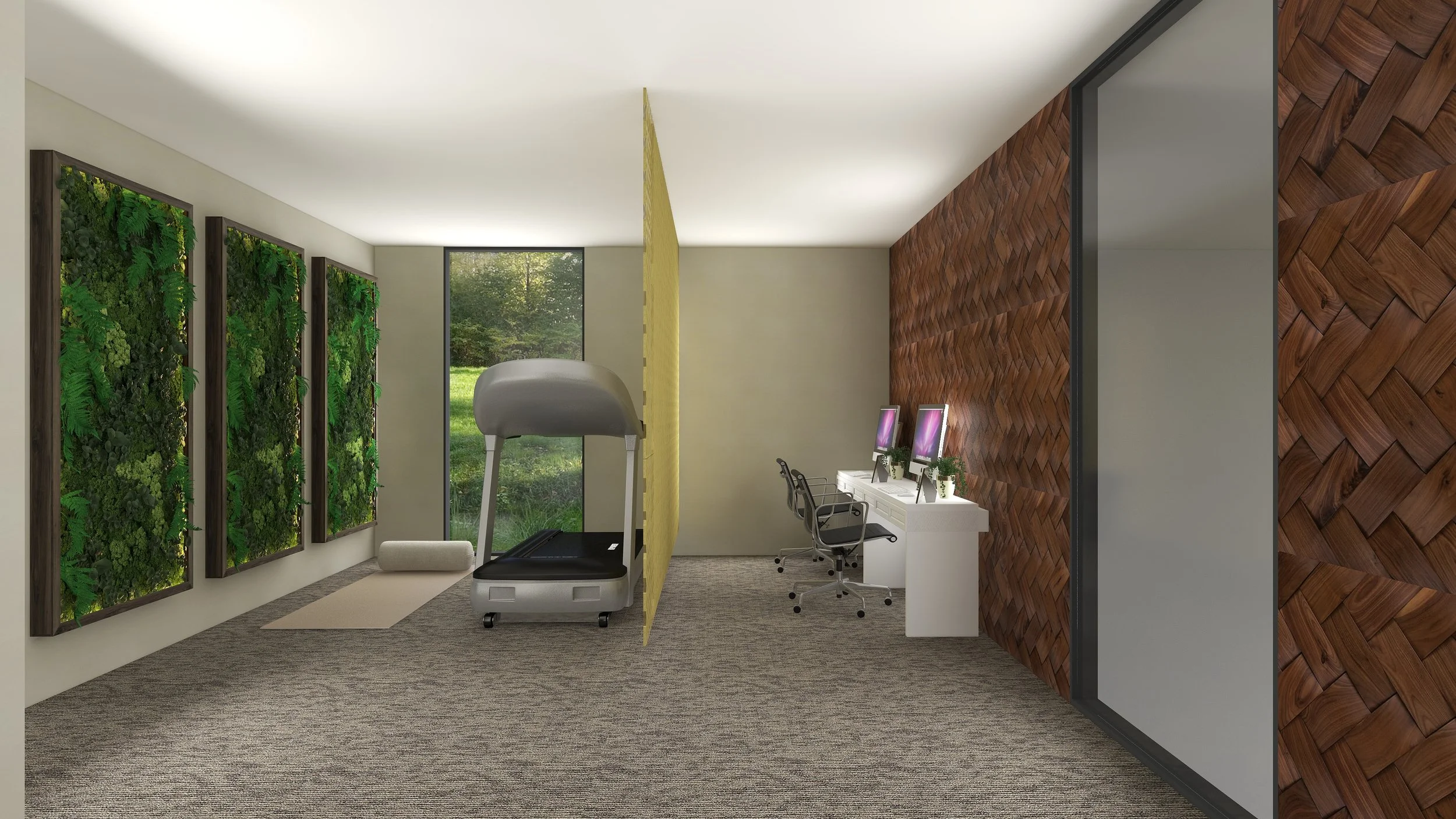 Indoor space with green wall art, treadmill, yellow partition, outside view of trees and grass, and two computer stations with chairs and plants.