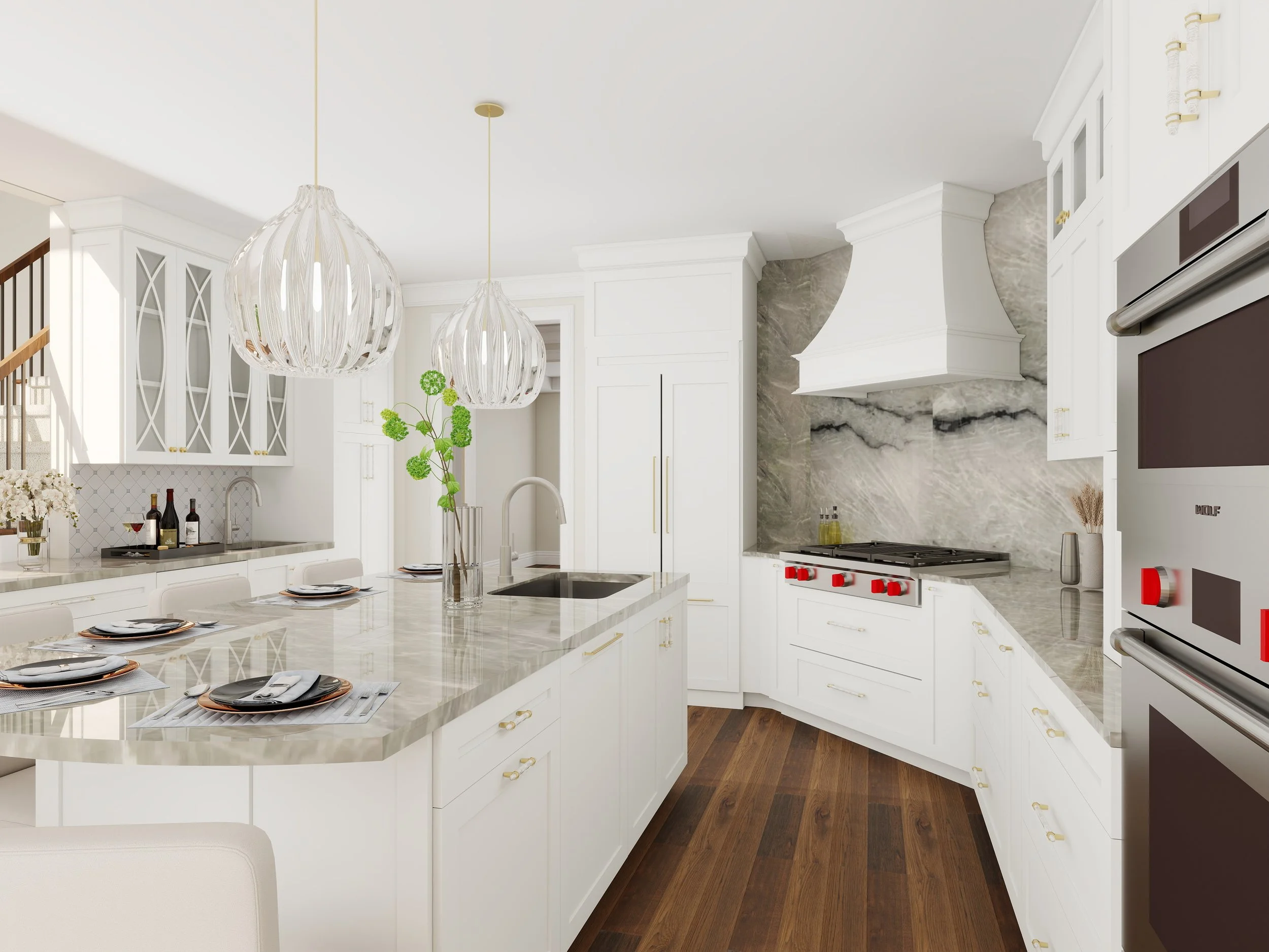 Modern, white kitchen with marble countertops, decorative hanging light fixtures, and a gas stove with red knobs. Includes cabinetry and a marble backsplash.
