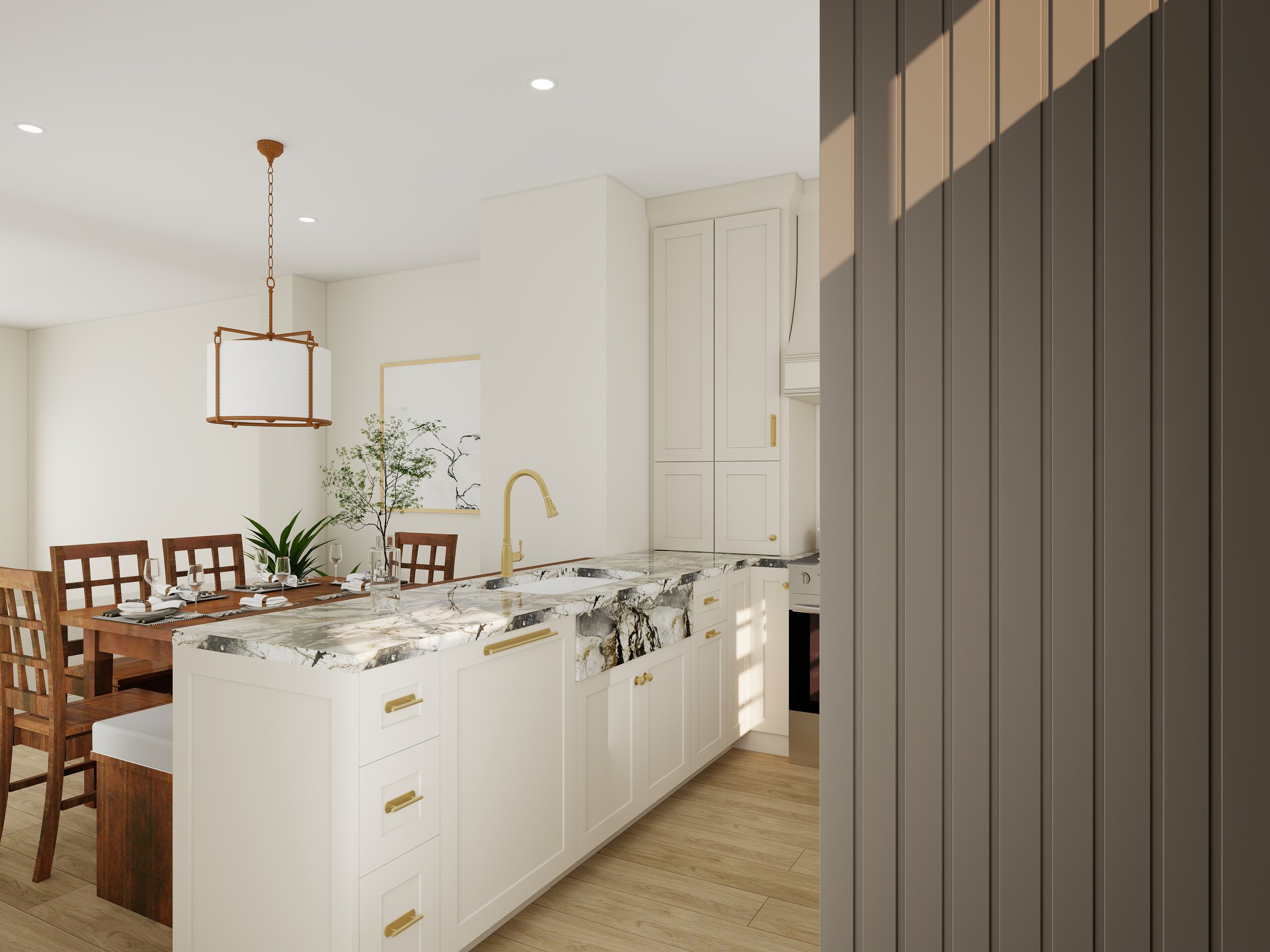 Modern kitchen with white cabinetry, marble island, wooden dining table with chairs, pendant light, and a plant on the wall.
