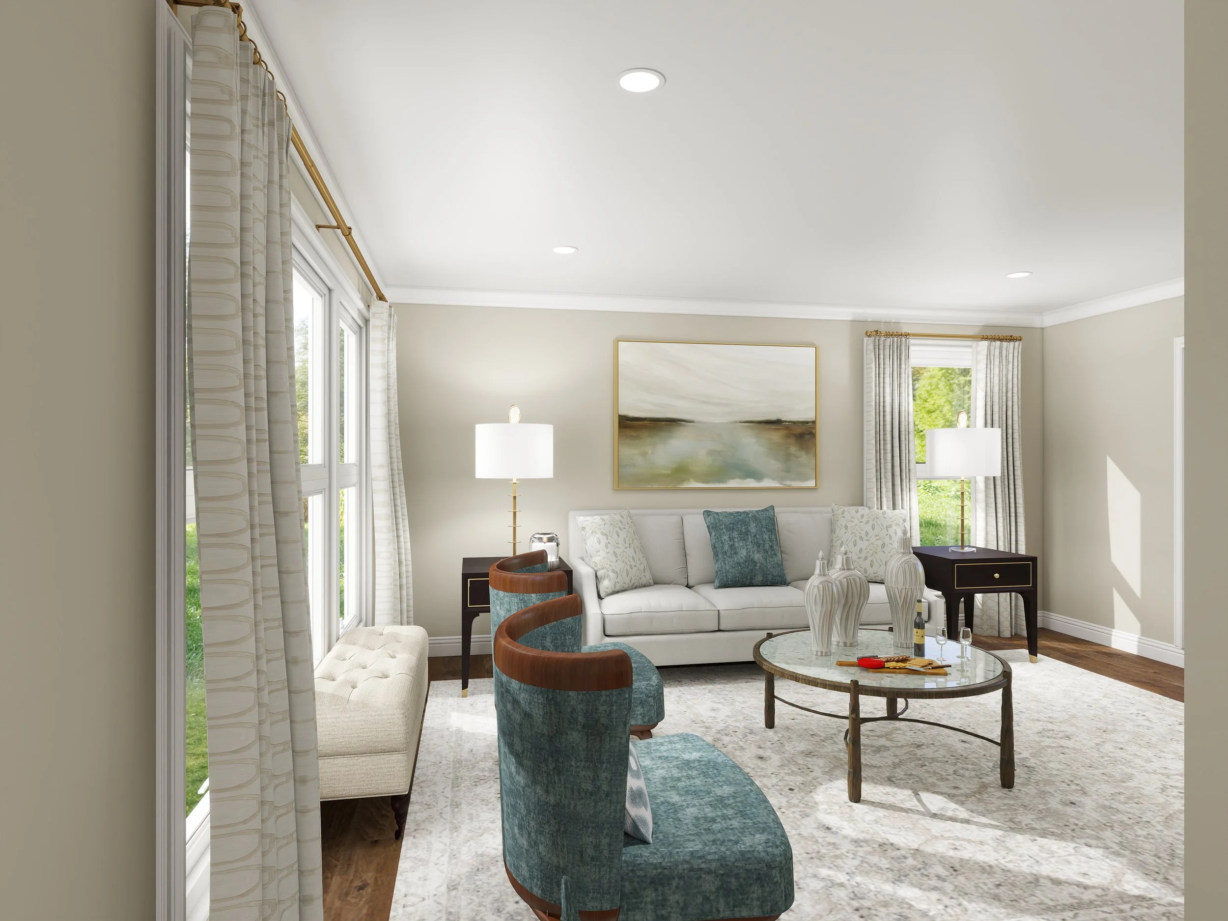 Living room with large windows, beige walls, a white sofa with decorative pillows, two side tables with lamps, a painting on the wall, and a round glass top coffee table with vases and magazines.