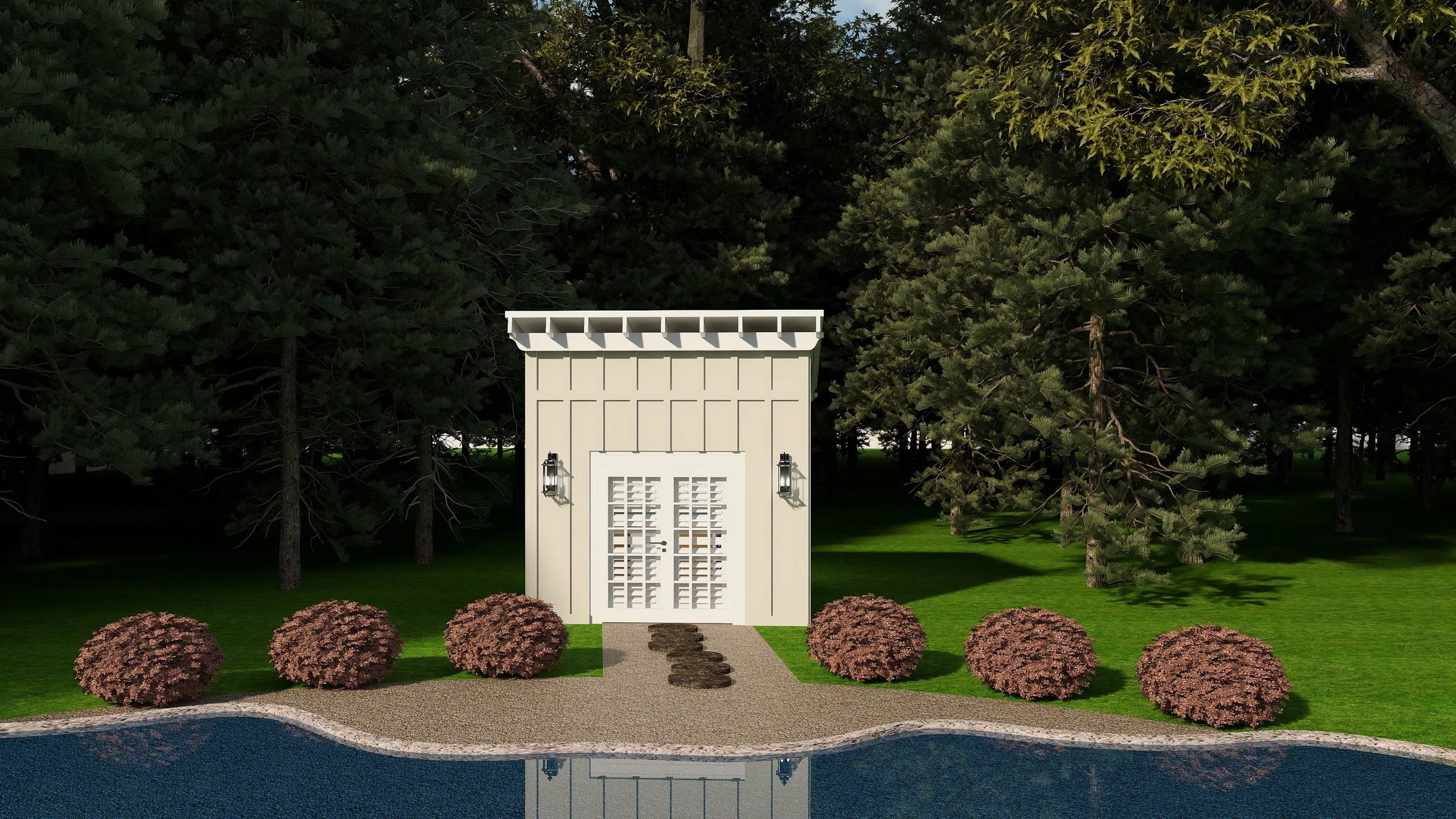 A small white structure with a door and two wall-mounted lanterns is set in a landscaped garden surrounded by bushes, pink flowering plants, and tall trees in the background with a pond in the foreground reflecting the structure.