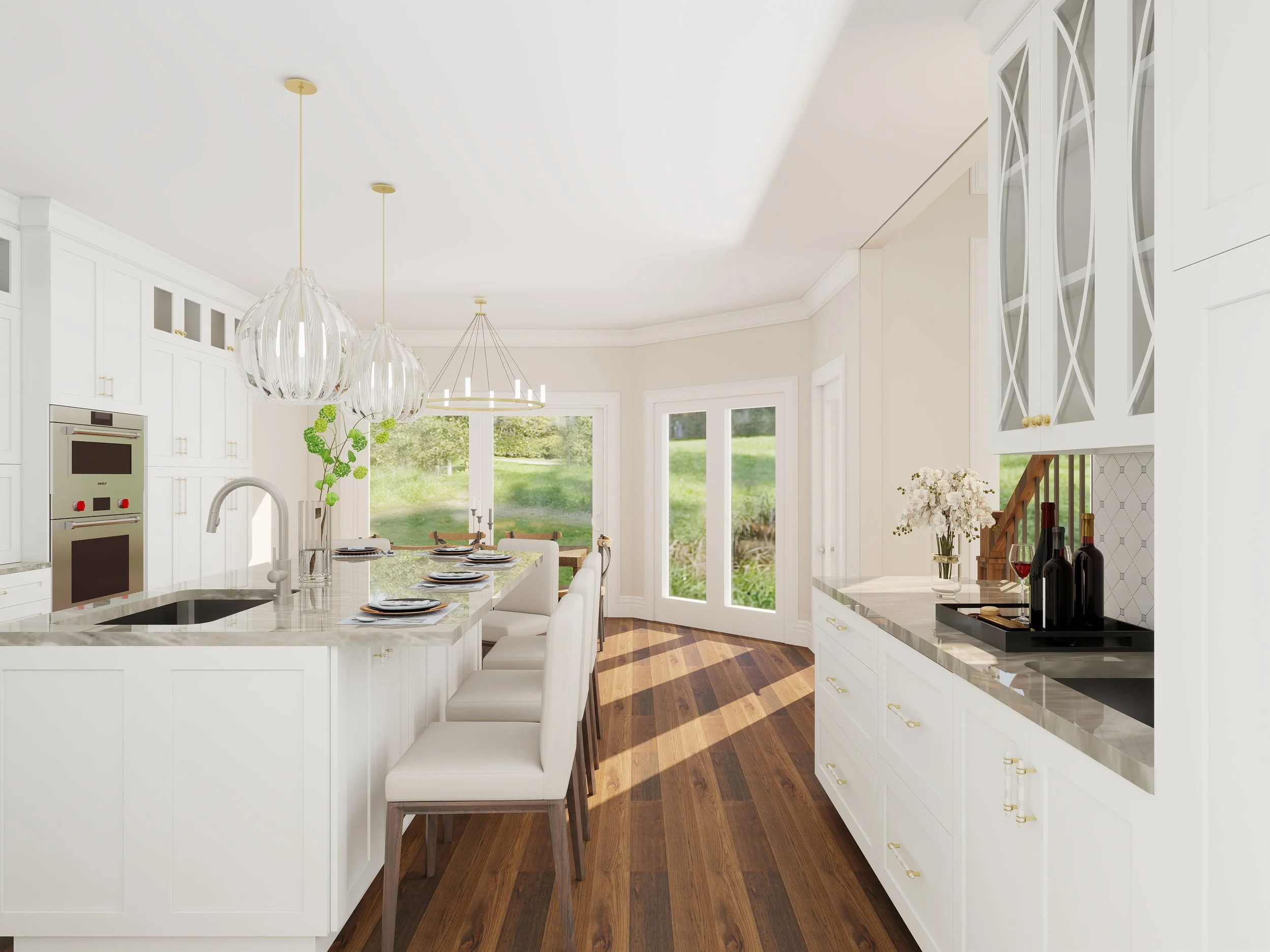 Bright and spacious kitchen with white cabinets, a large island with a marble countertop, and wooden floors. There are modern pendant lights hanging from the ceiling, and large windows that let in natural light with a view of a green outdoor space.