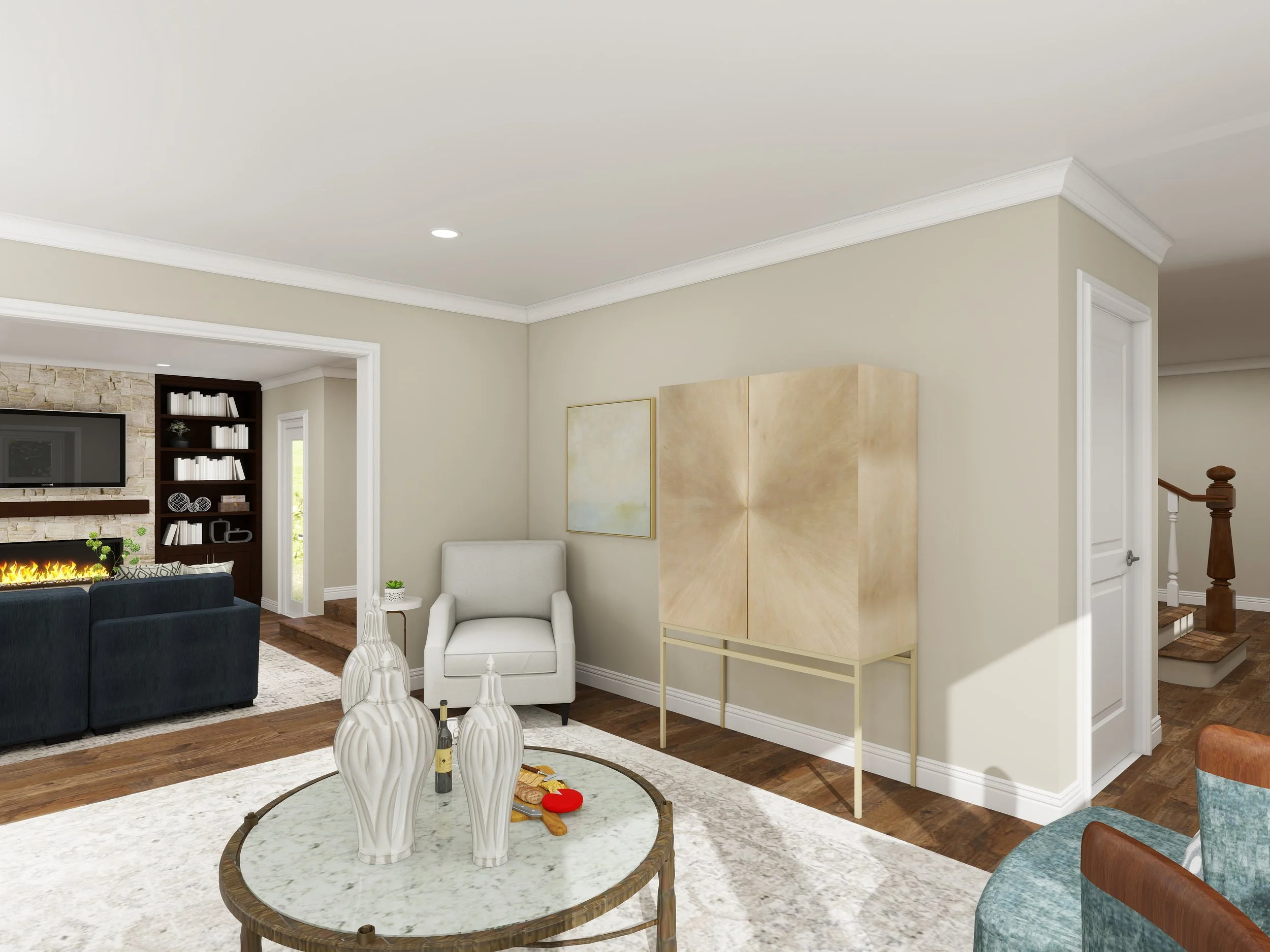 Living room with beige walls, white crown molding, a white armchair, a round marble coffee table with decorative vases, and a dark blue sofa. In the background, a built-in fireplace and bookshelf with books and decor, a stone accent wall, and a windo