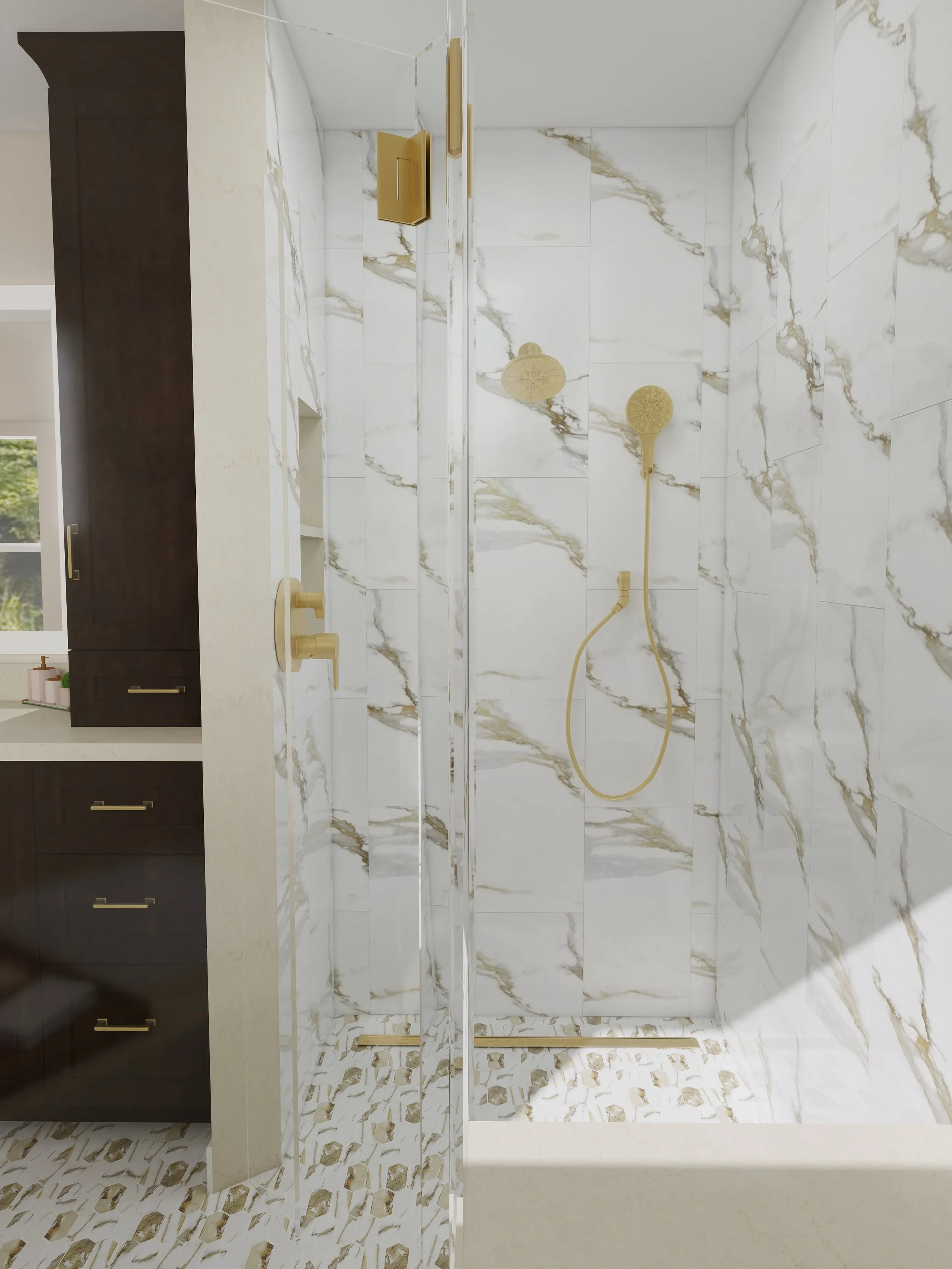 Modern shower with white marble tiles with gold veining, gold fixtures, a showerhead, and a frosted glass door.