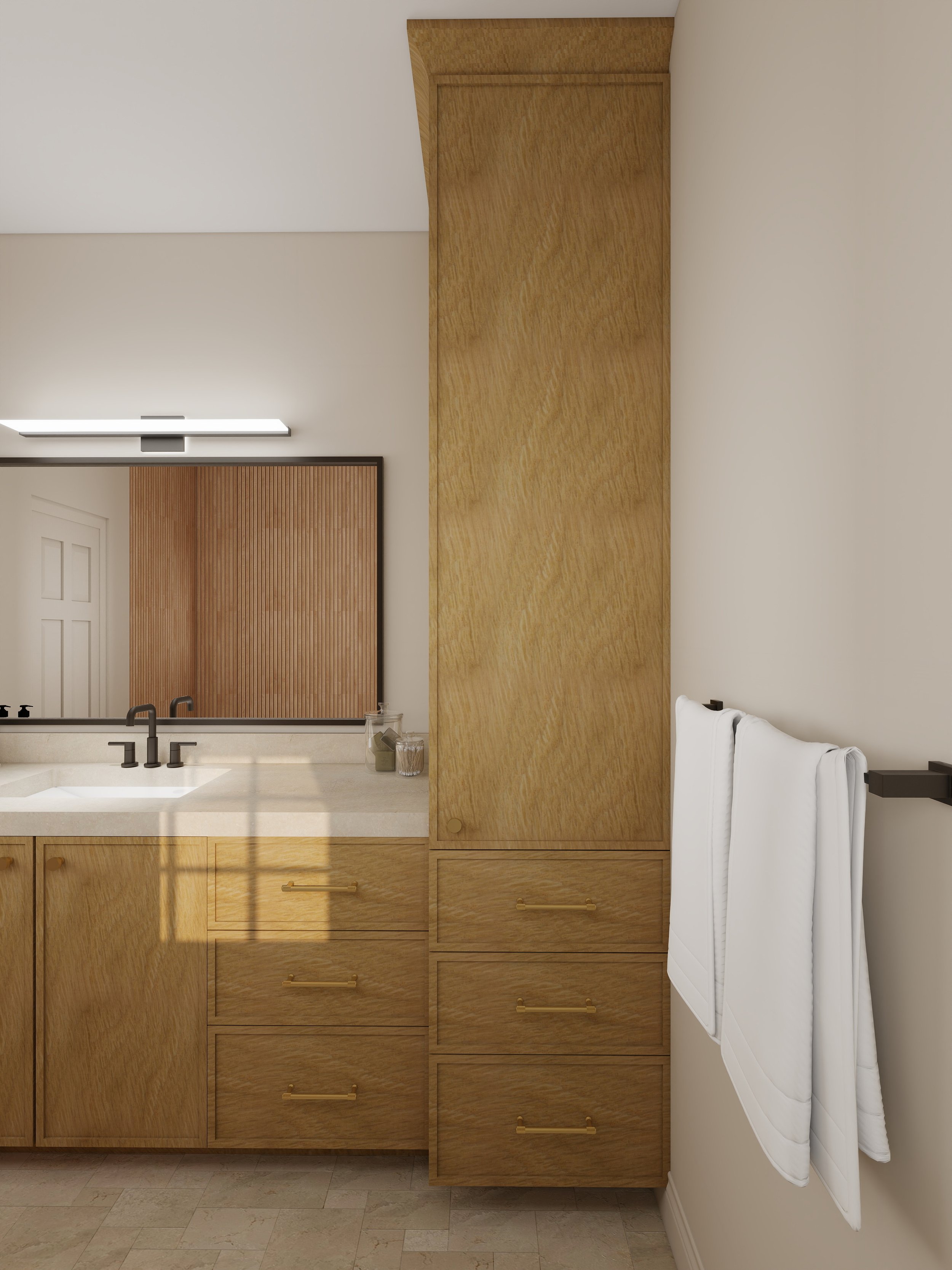 A modern bathroom vanity with a large mirror, black faucet, beige countertop, wooden cabinets, and two white hand towels hanging on a rack on the wall.