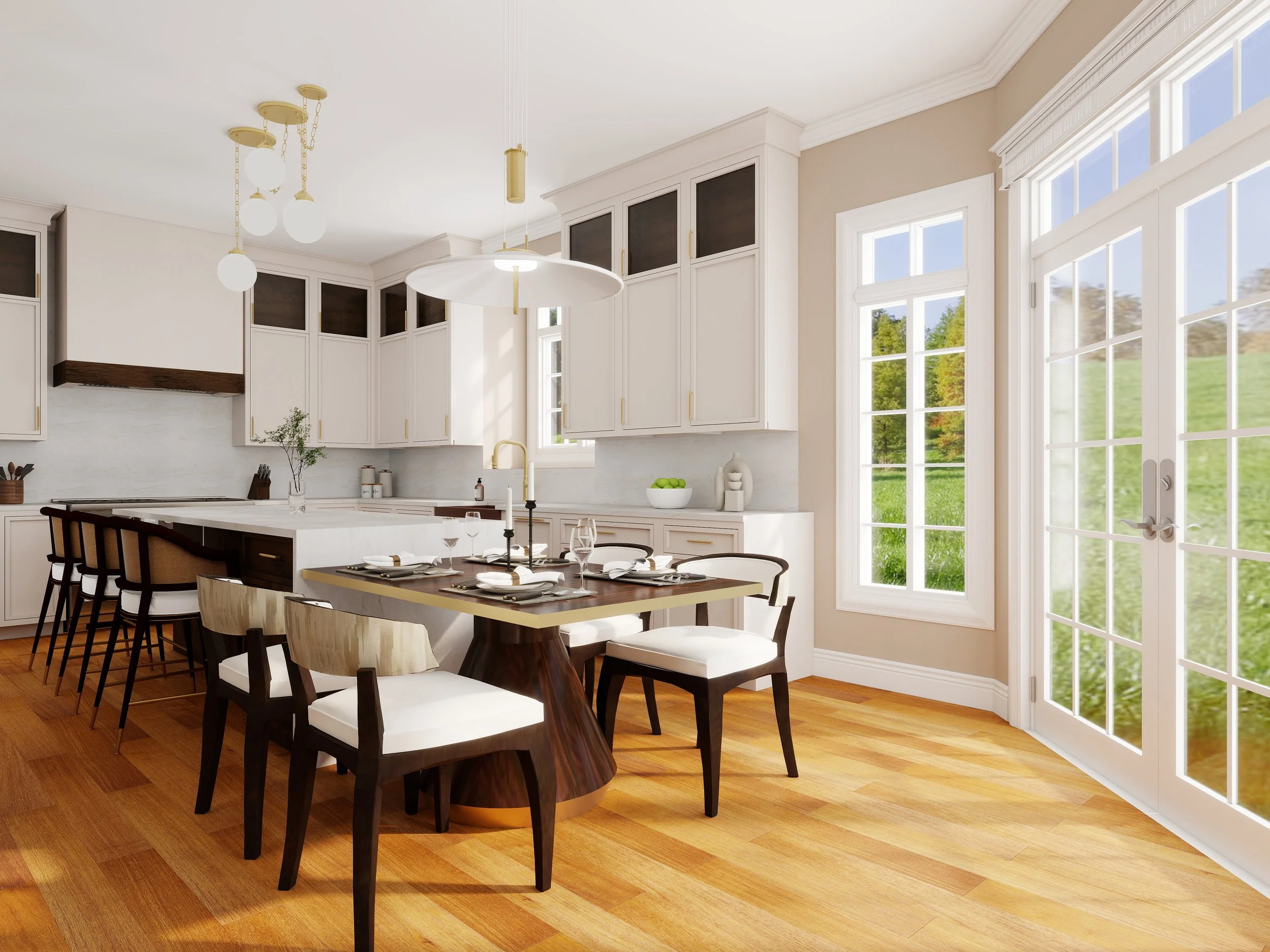 Bright kitchen with large windows, white cabinetry, wooden floors, and a dining table set for a meal.