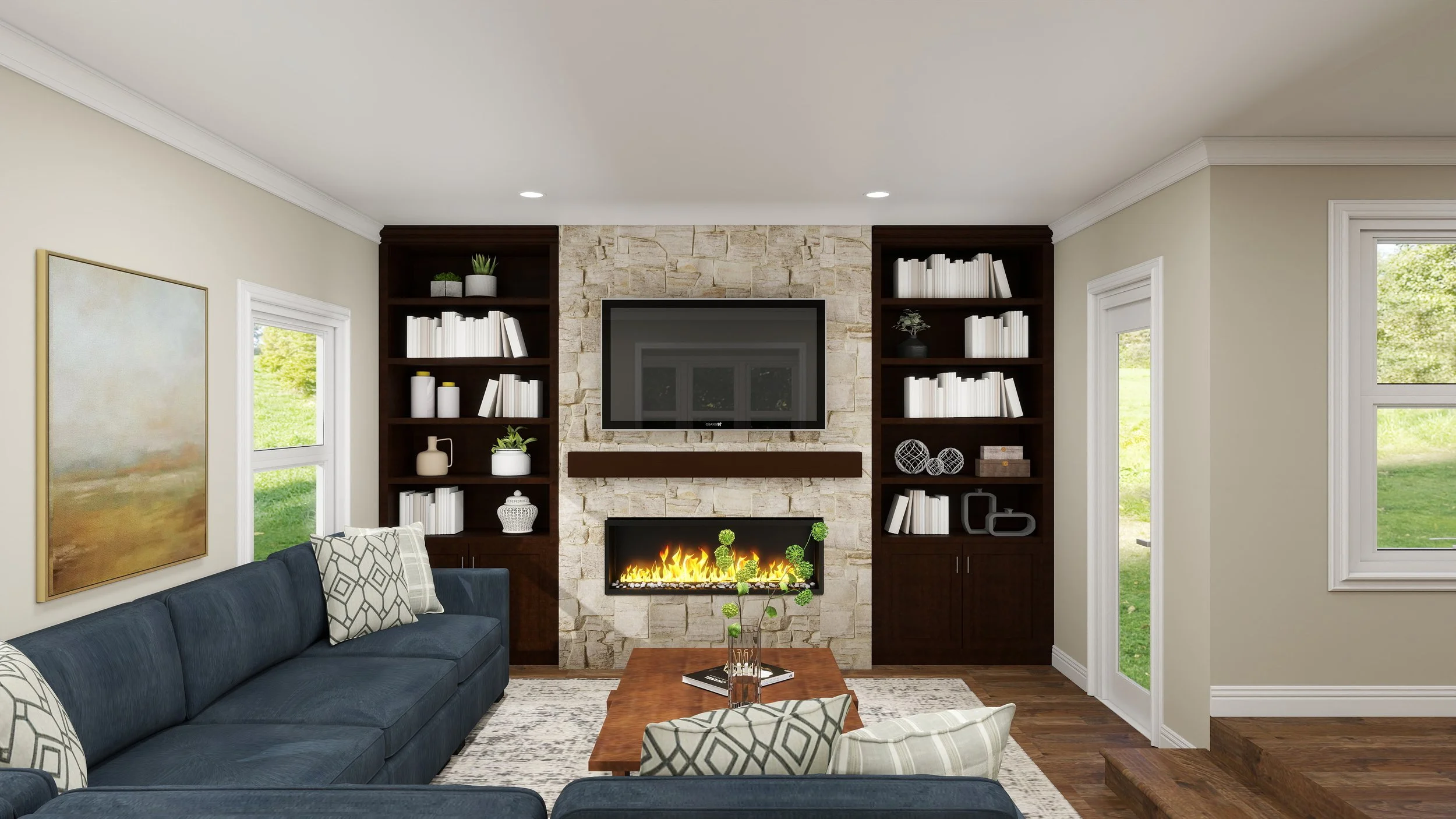 Living room with fireplace, built-in bookshelves, wall-mounted TV, and large windows showing green outdoor scenery.