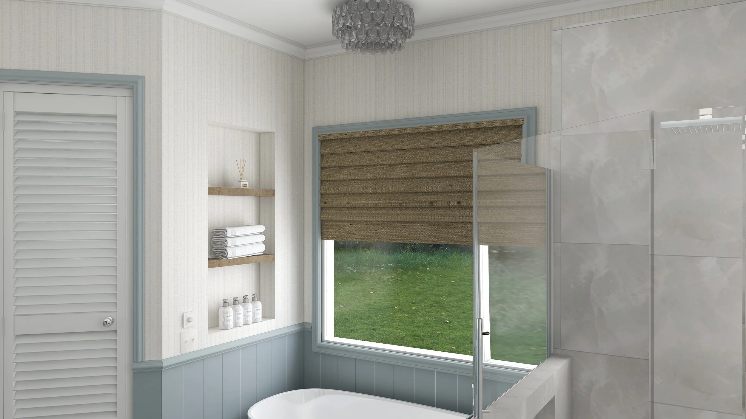 Bathroom with large window, louvered closet door, built-in wooden shelves holding folded towels and bottles, gray wall panel, marble-tiled shower area, and view of a grassy backyard.