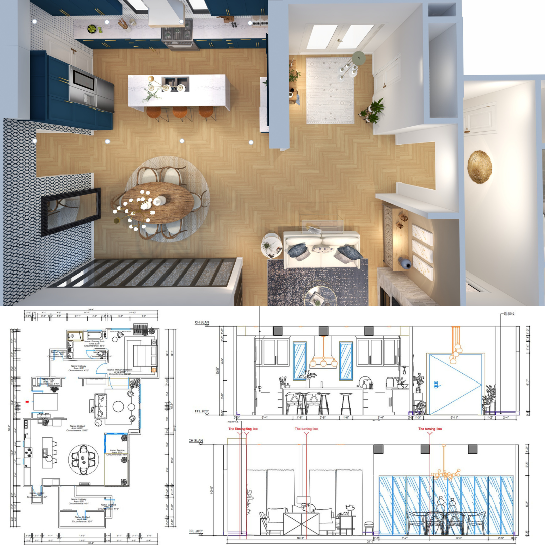 Top-down view of an open-concept living room and kitchen with a dining area, featuring hardwood floors, a white sofa, a kitchen island, dark blue cabinetry, and sleek modern decor.
