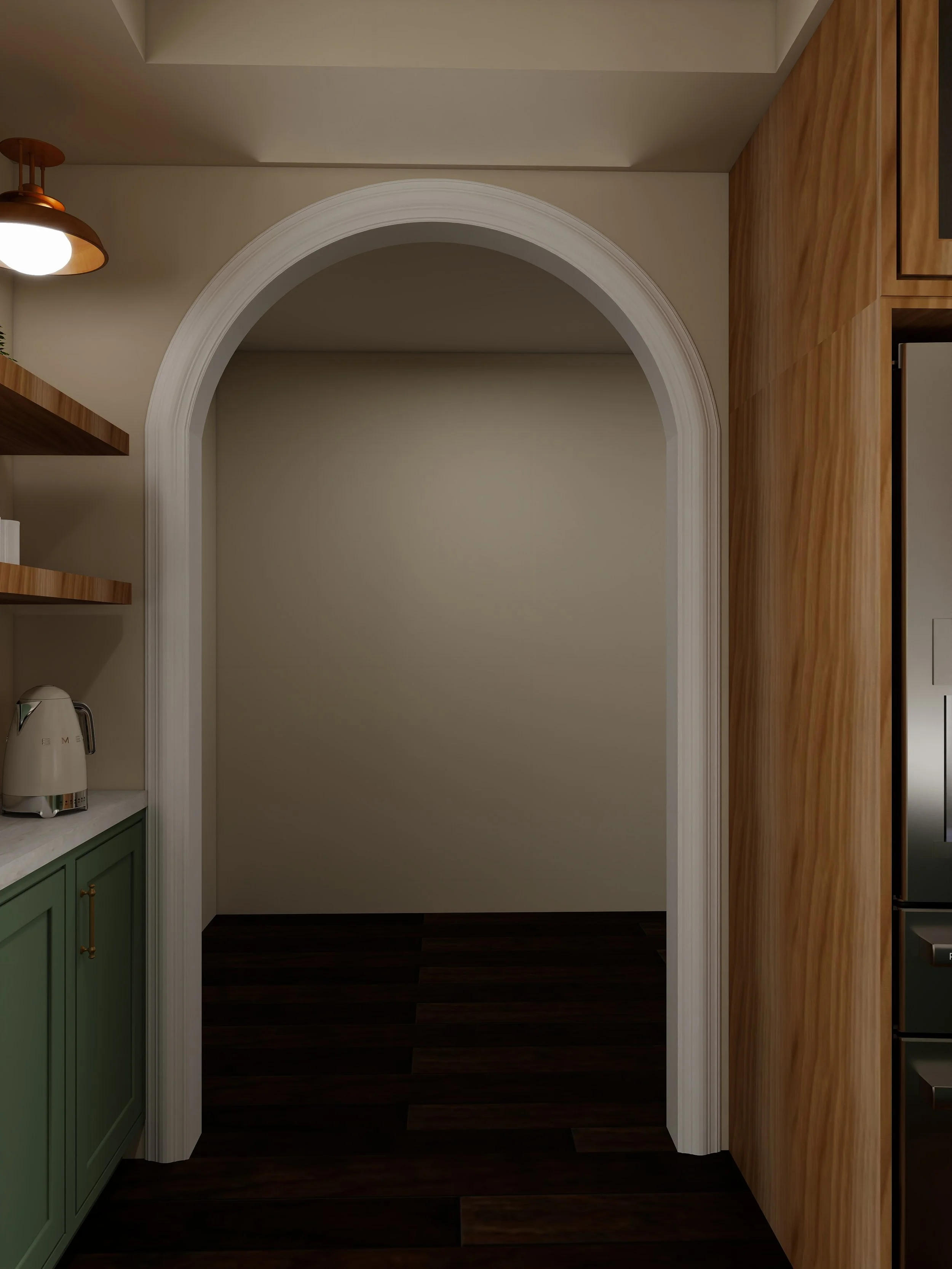Interior view of a room with an arched doorway, wooden cabinetry on the right, a green cabinet with gold handles on the left, and a light fixture on the ceiling.
