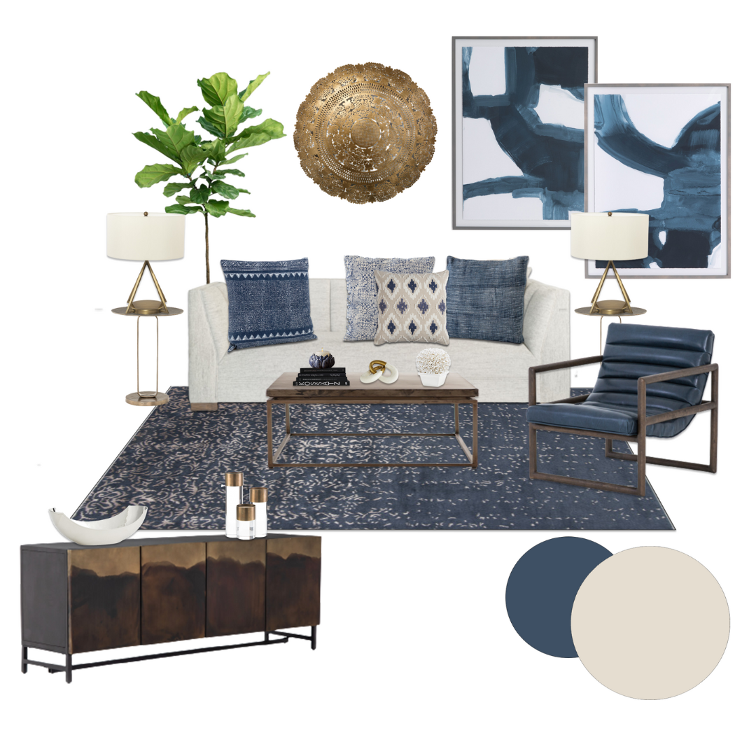 Living room featuring a white sofa with blue patterned pillows, a blue armchair, a wooden coffee table, a navy and beige area rug, two white table lamps, a tall green plant, abstract blue and white wall art, a gold decorative wall piece, and a dark wood sideboard with decorative objects.
