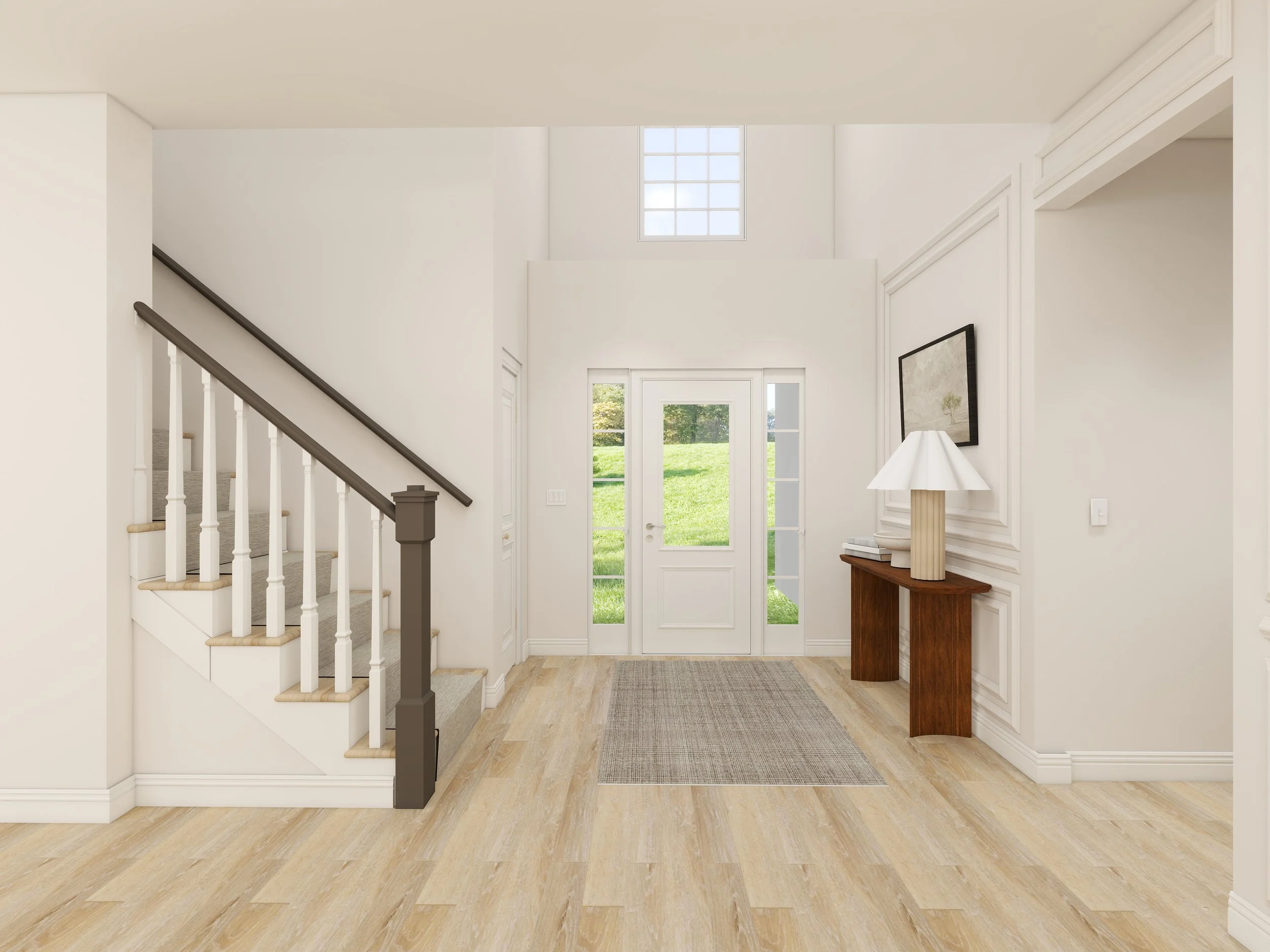 Entryway with a white door and windows, a wooden console table with a lamp, and a staircase with white balusters and a dark brown handrail.