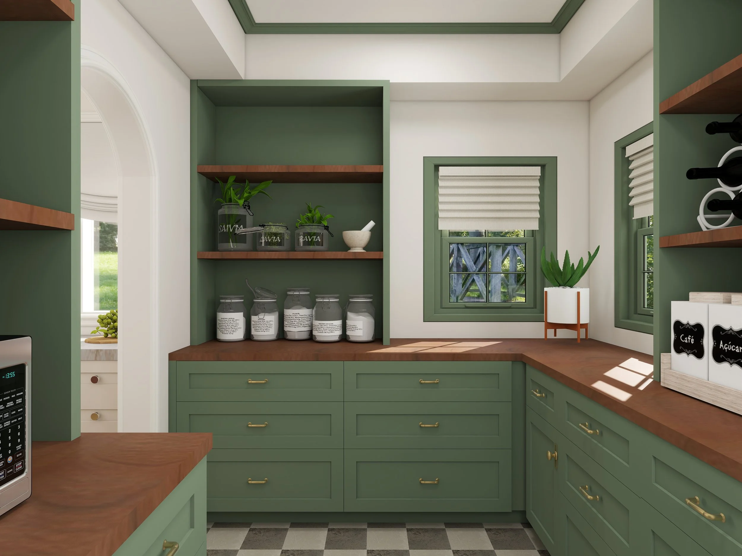 Interior view of a kitchen with green cabinetry, wood countertops, a window with blinds, and potted plants on open shelves, with a checkered black and white tile floor.