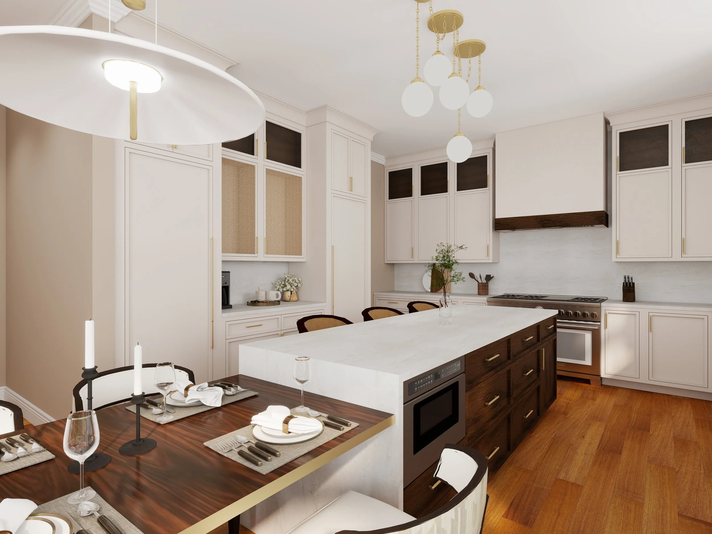 A modern kitchen with white cabinets, a kitchen island with a white countertop, a wooden dining table with place settings, black and white chairs, and ceiling lights. There is a beige wall, wooden flooring, and a stove with a white marble backsplash.