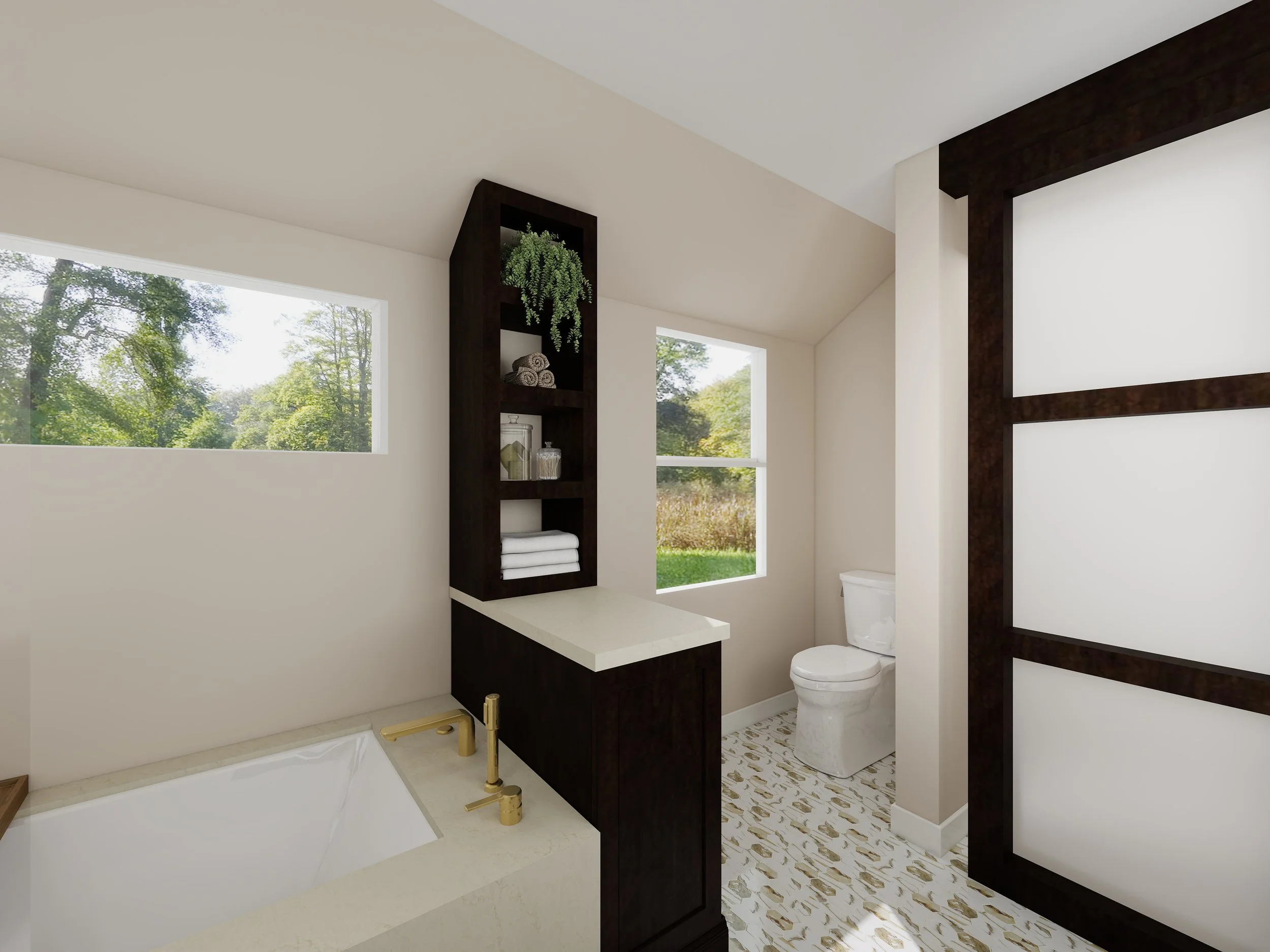 Modern bathroom with window showing greenery outside, dark wood shelving with towels and plants, and a toilet.