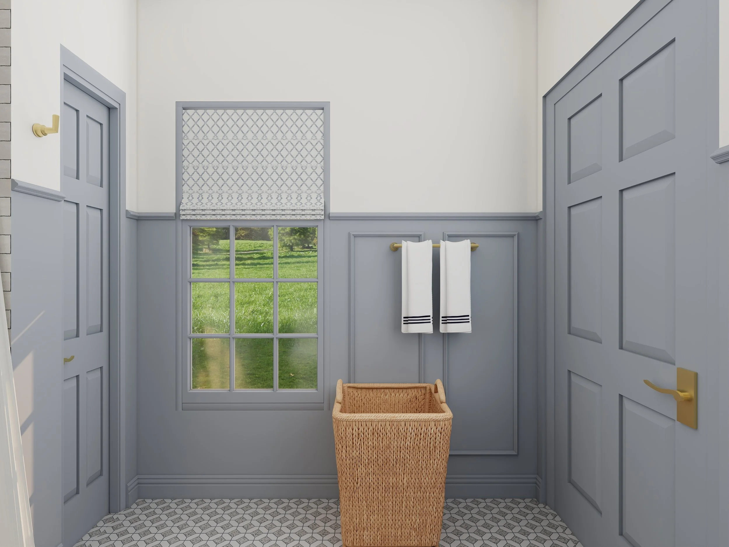 The image shows a small laundry or utility room with two large gray cabinets, a window with blinds, a woven basket, a small towel bar with two towels, and a view of green grass and trees outside.