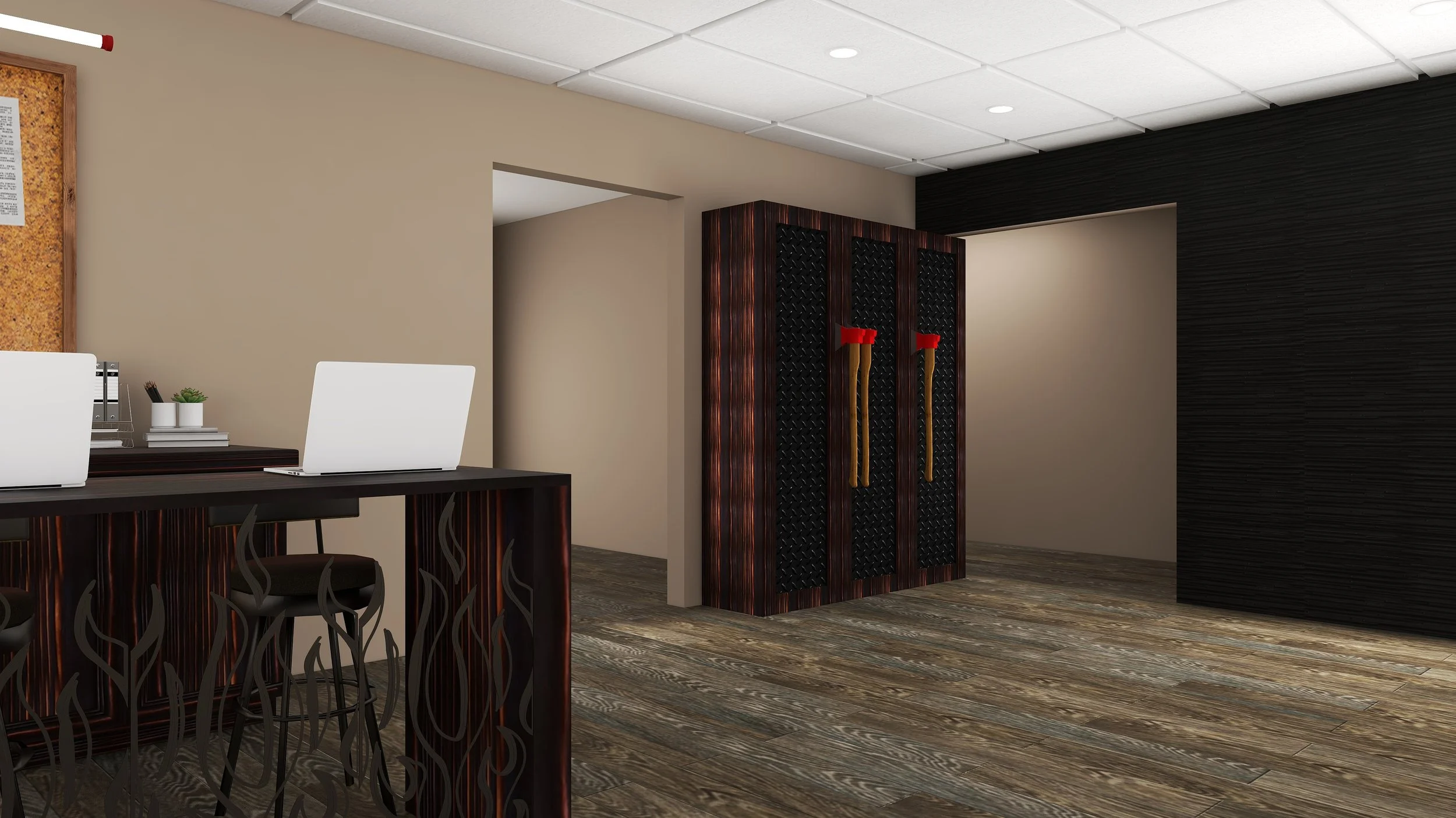 Business office area with a reception desk, laptops, and a corkboard. There are lockable storage cabinets with red handles and a black accent wall. The ceiling has white tiles and recessed lighting, and the floor is wood.
