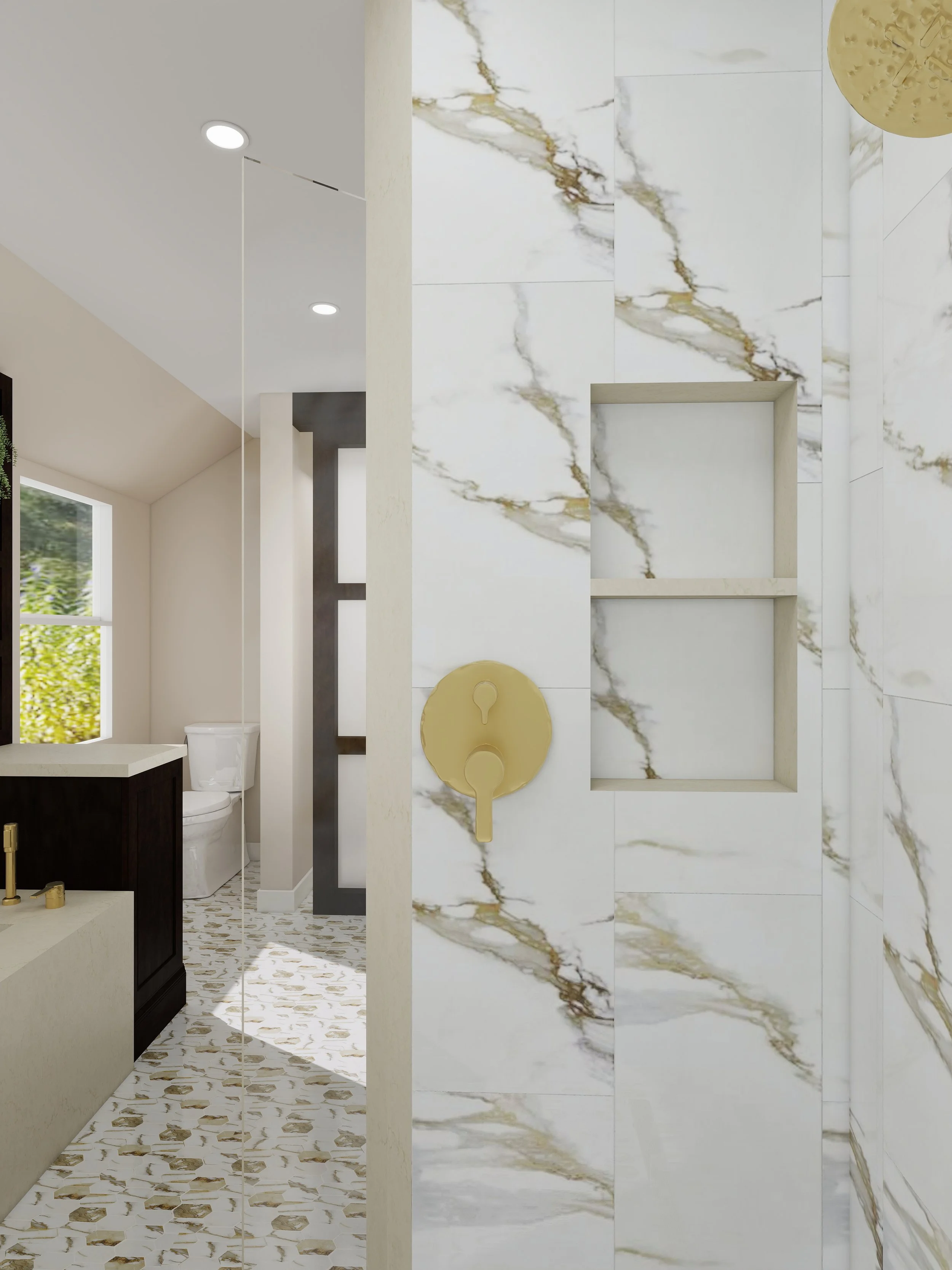Modern bathroom with white marble walls featuring gold and gray veining, a small window, a toilet, a dark vanity with a gold faucet, and spotlights on the ceiling.