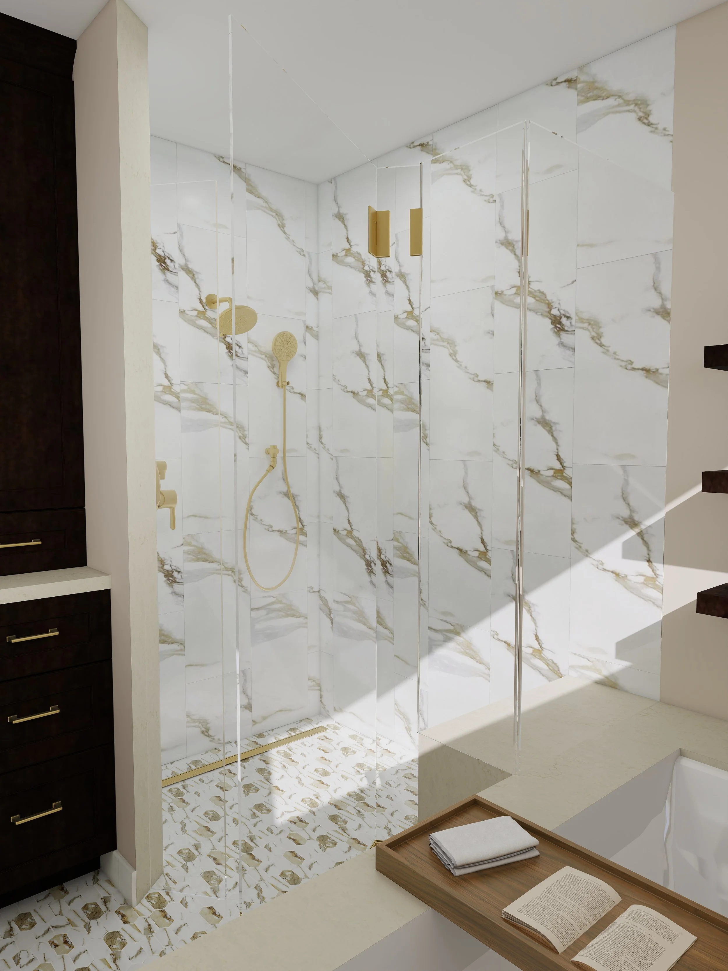 Modern bathroom with marble walls, gold fixtures, and a walk-in shower with a glass partition.