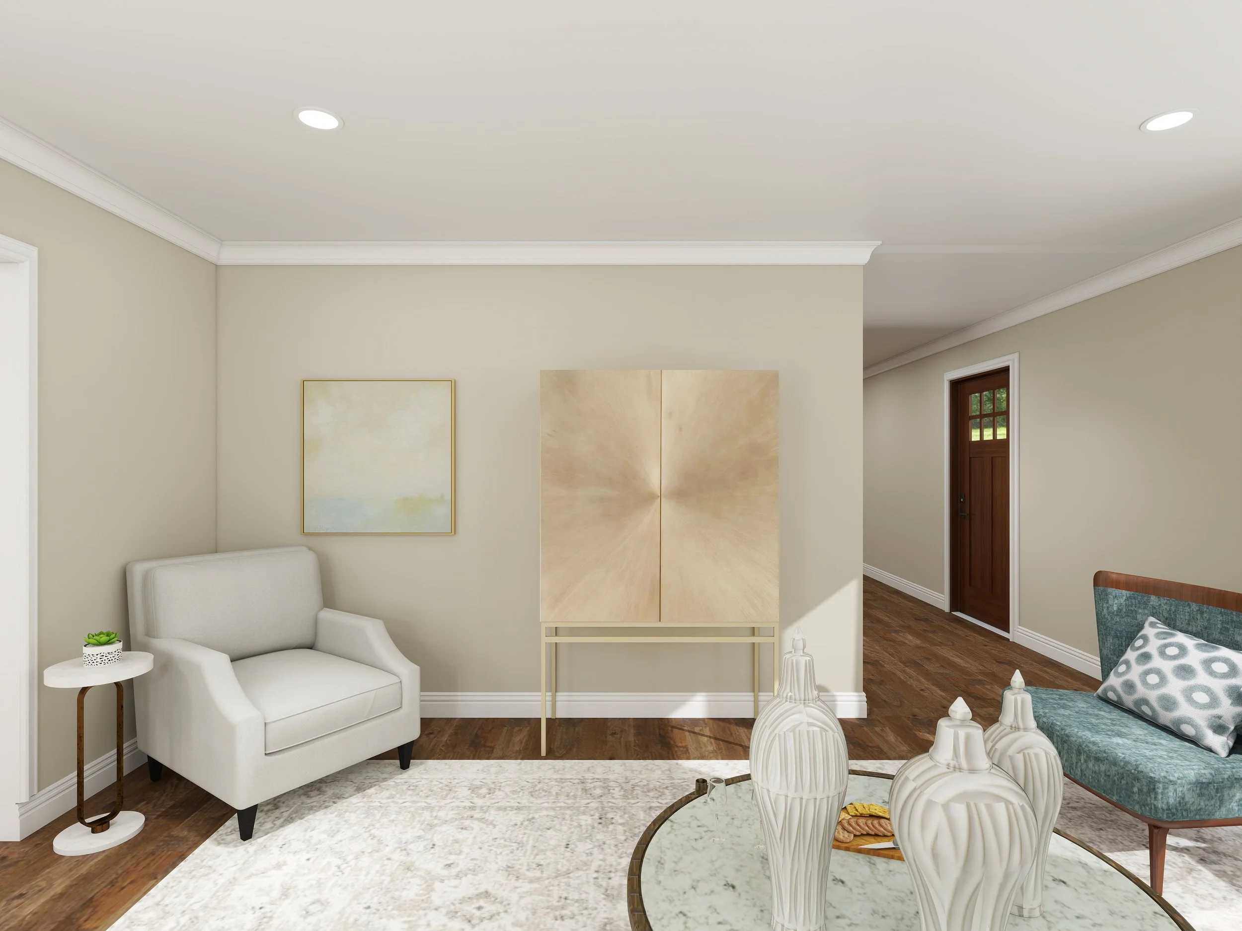 Living room with cream-colored walls, white ceiling, hardwood floor, white armchair, abstract paintings, modern coffee table with white vases, upholstered chair with patterned pillow, and doorway with wooden door.