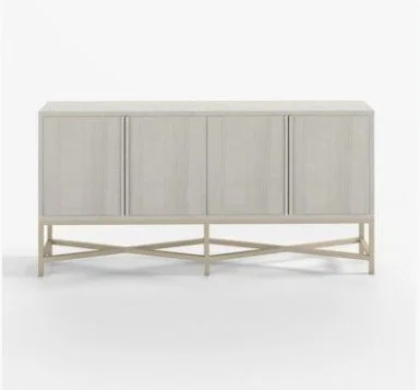 White wooden sideboard or credenza with three sliding doors and a decorative cross-brace base.