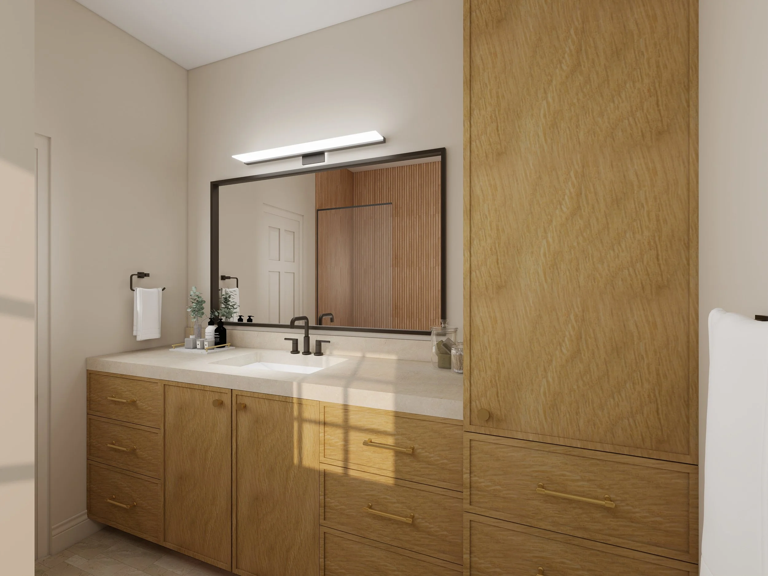 Bathroom vanity with a large mirror, wooden cabinets, a white countertop, a sink, and black fixtures. Bathroom items are visible on the counter, and there is a towel hanging on a black towel holder.
