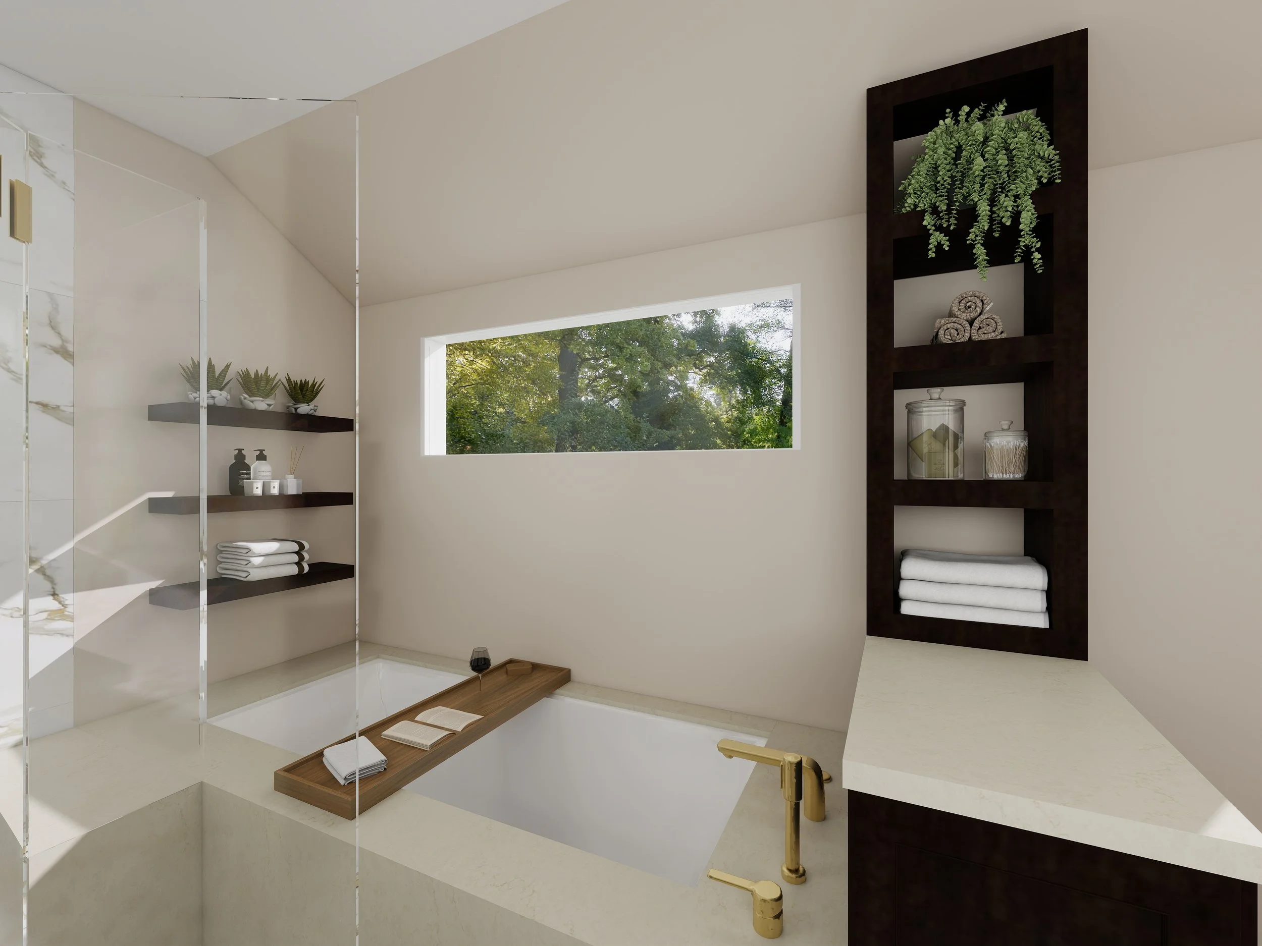 Modern bathroom with large window showing green trees, dark wooden shelving holding rolled towels and decorative items, and a glass shower with white shelves and plants.