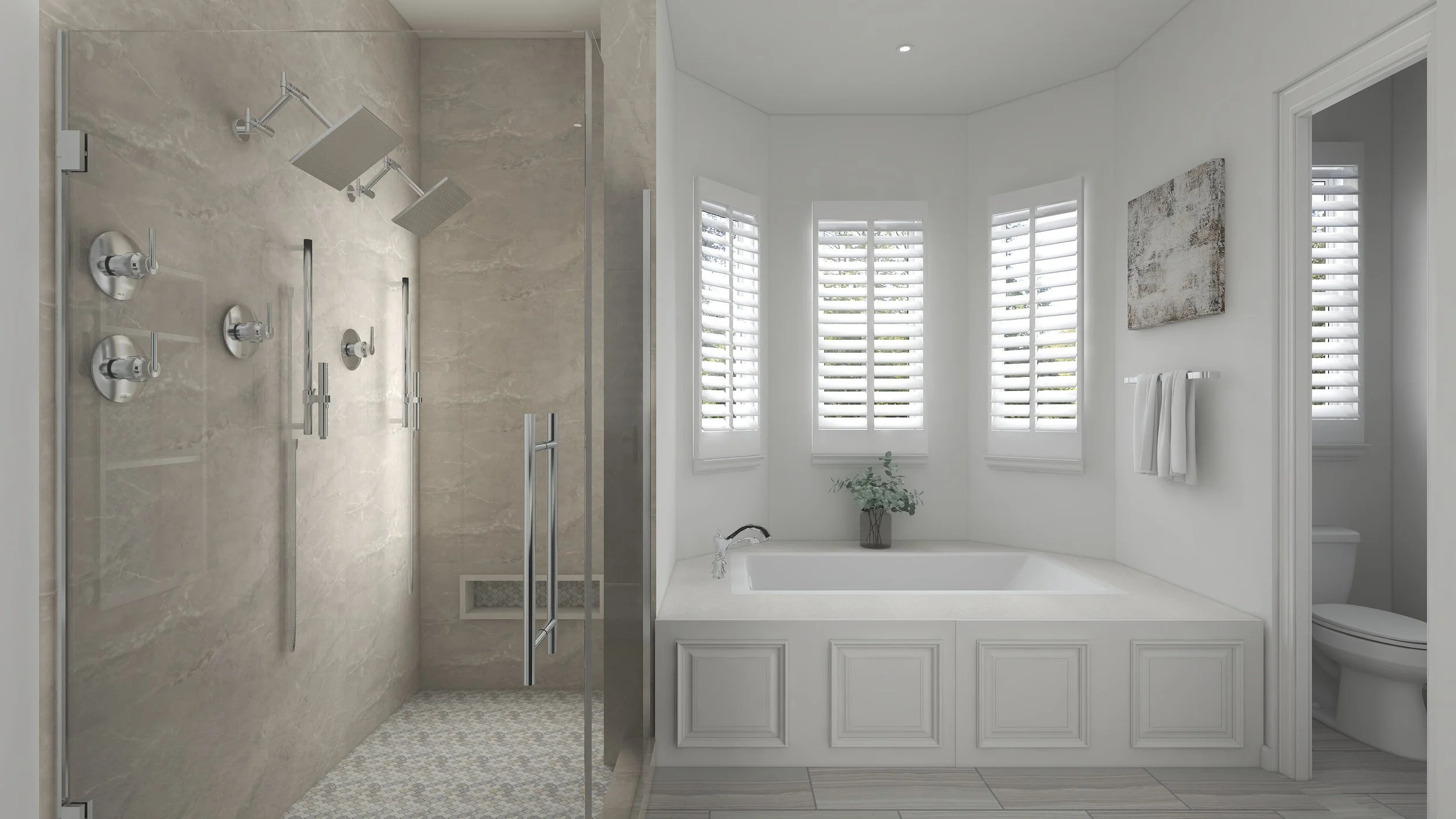 A spacious bathroom with a shower area featuring two rainfall showerheads and a glass door on the left, and a bathtub beneath windows with white shutters on the right, with a towel hanging and a painting on the wall.