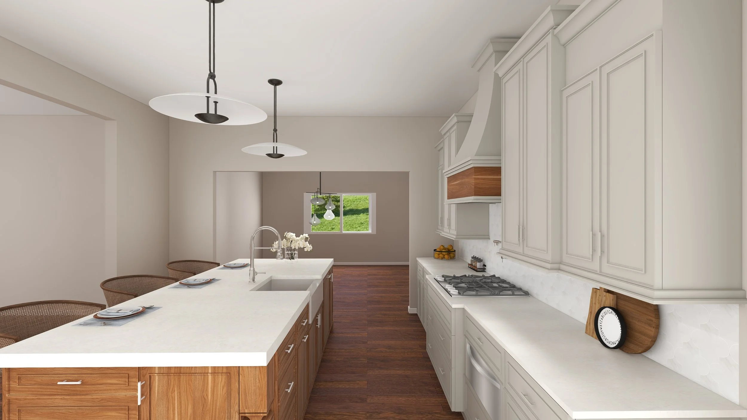 Modern kitchen with white cabinetry, a kitchen island, pendant lights, and a view of a green outdoor space through a window.
