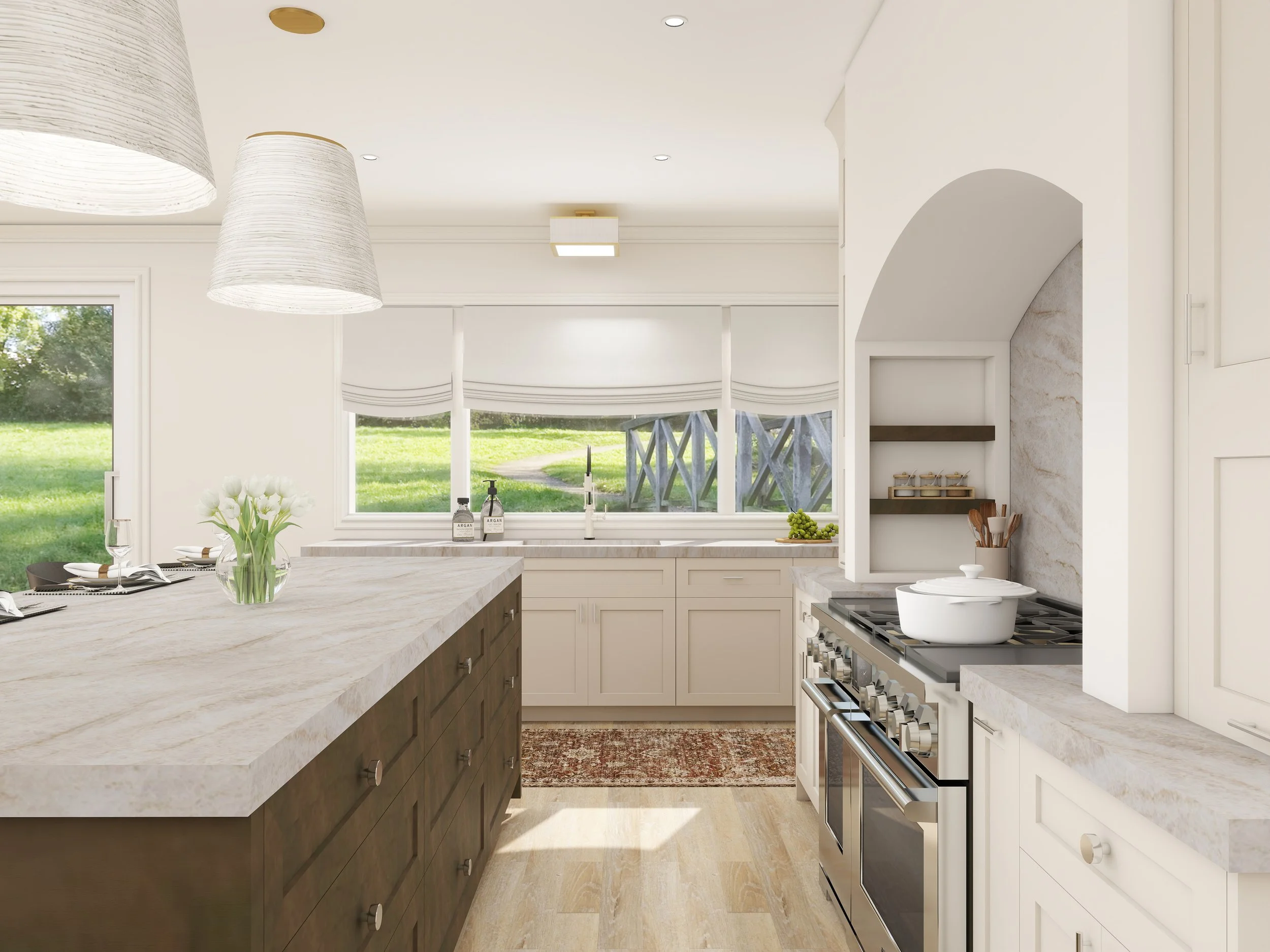 Kitchen with white cabinets, marble countertops, large windows with green backyard view, modern light fixtures, and kitchen essentials like soap bottles and a vase with flowers.