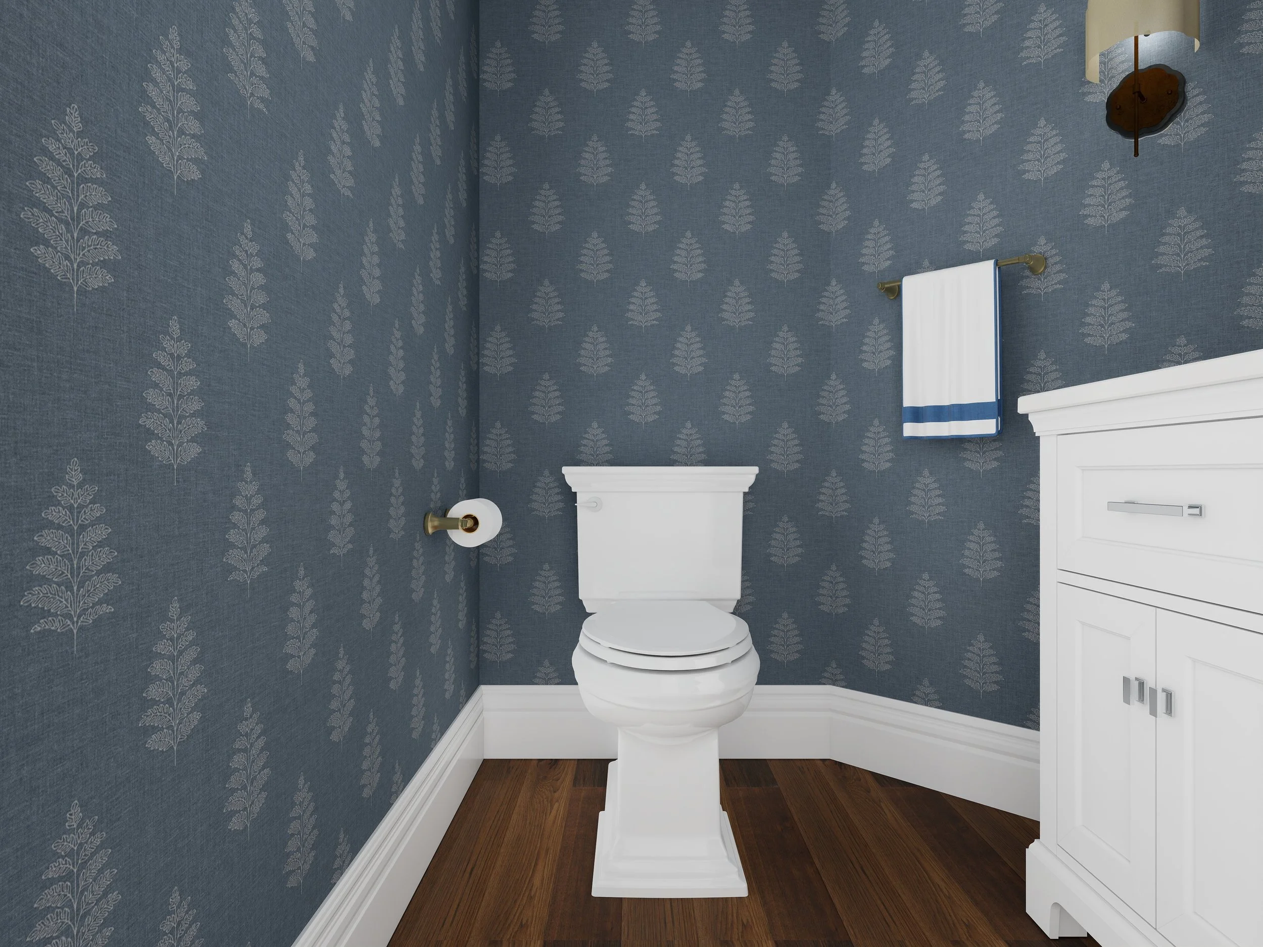 A bathroom with blue patterned wallpaper, a white toilet, a white cabinet, a towel hanging on a towel bar, a wall-mounted lamp, and hardwood flooring.