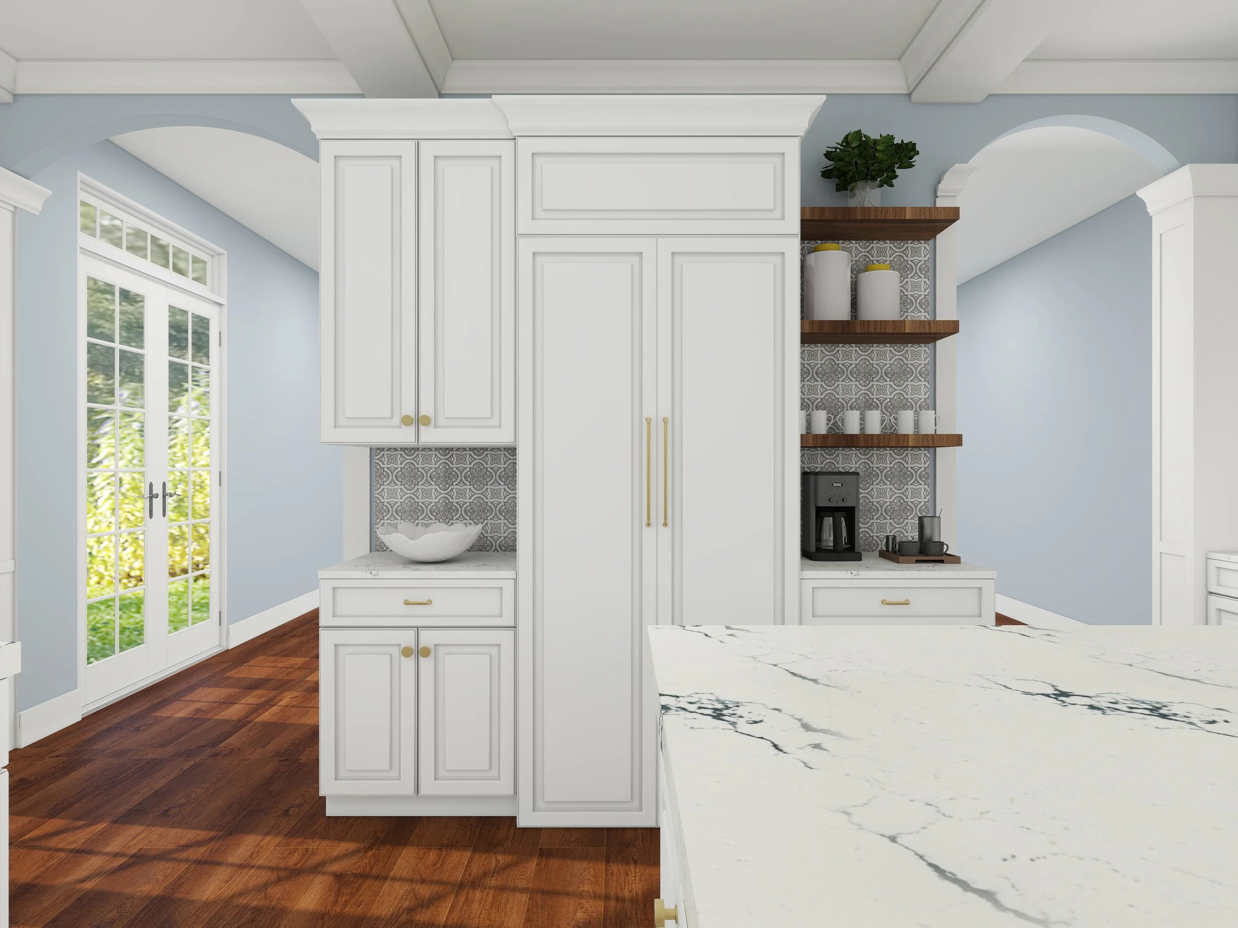 A kitchen interior with white cabinets, a marble island, patterned backsplash, open wooden shelves, large windows, and hardwood floors.