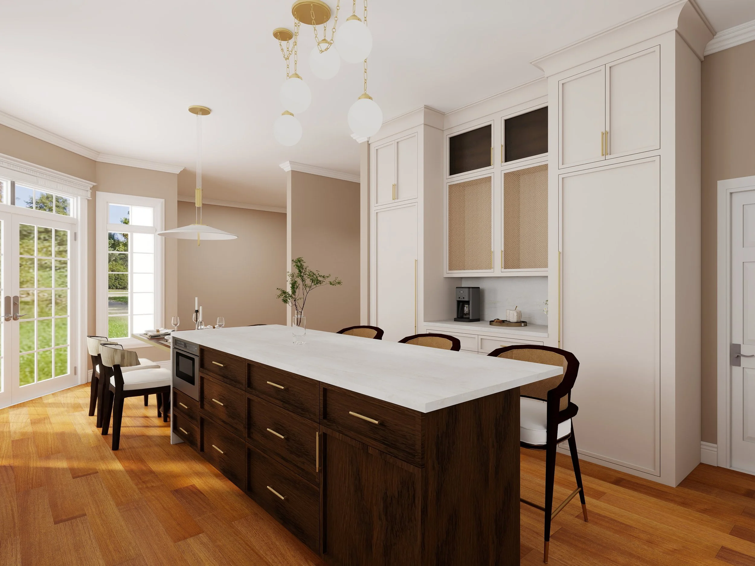 A modern kitchen with a white island countertop, dark wood cabinets, a built-in oven, and a set of dining chairs. Large windows and a door lead outside, and the ceiling has a contemporary chandelier with globe lights.