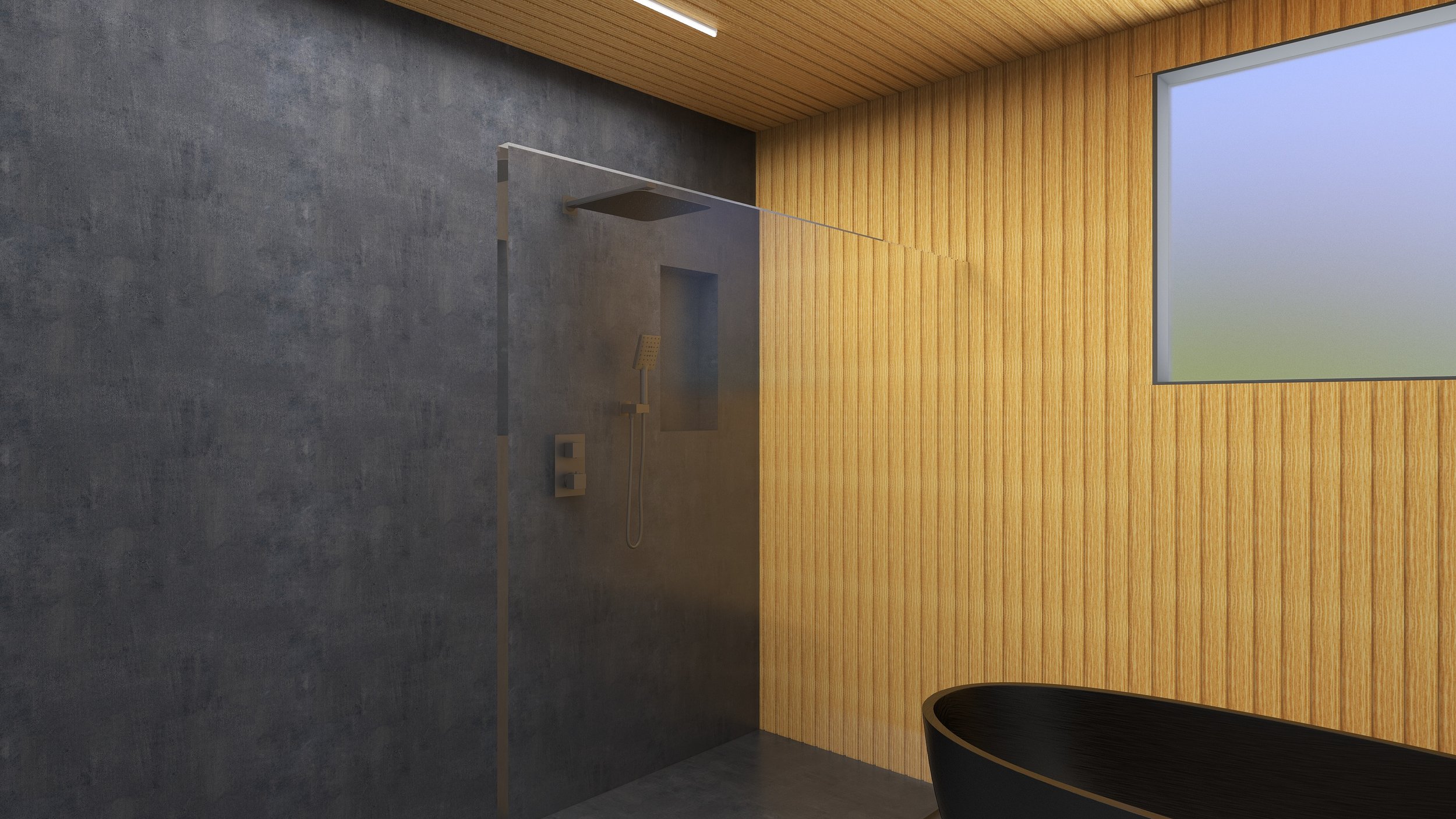 A modern bathroom with dark gray textured wall and wooden paneling. It features a ceiling-mounted shower head, a handheld shower, and two control switches, with a large frosted window for natural light.