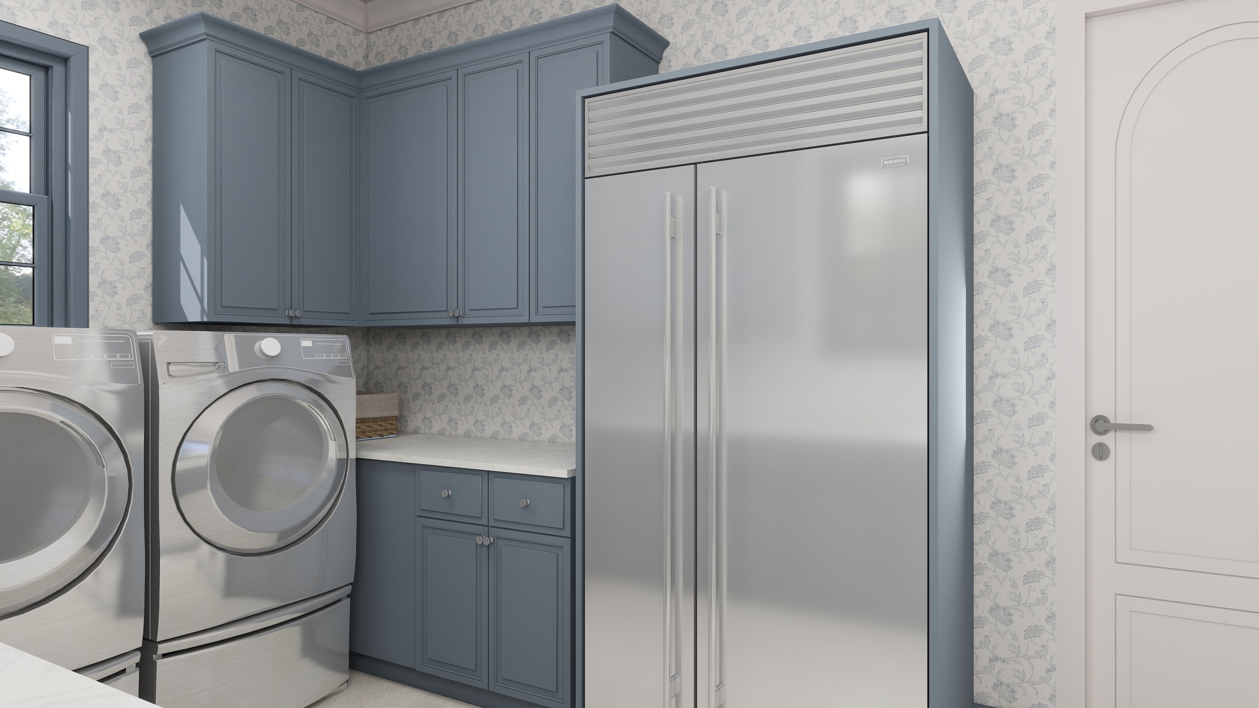 A laundry room with light blue cabinets, a washer and dryer, a tall silver refrigerator, and a white door with a silver handle.